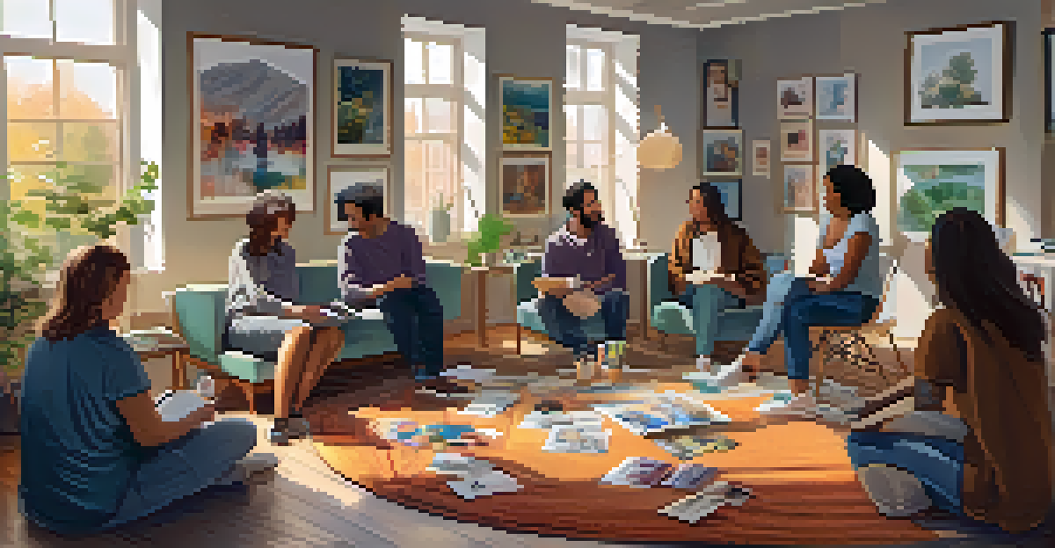 A cozy group art therapy circle where participants share their artwork, fostering connection and empathy in a supportive environment.