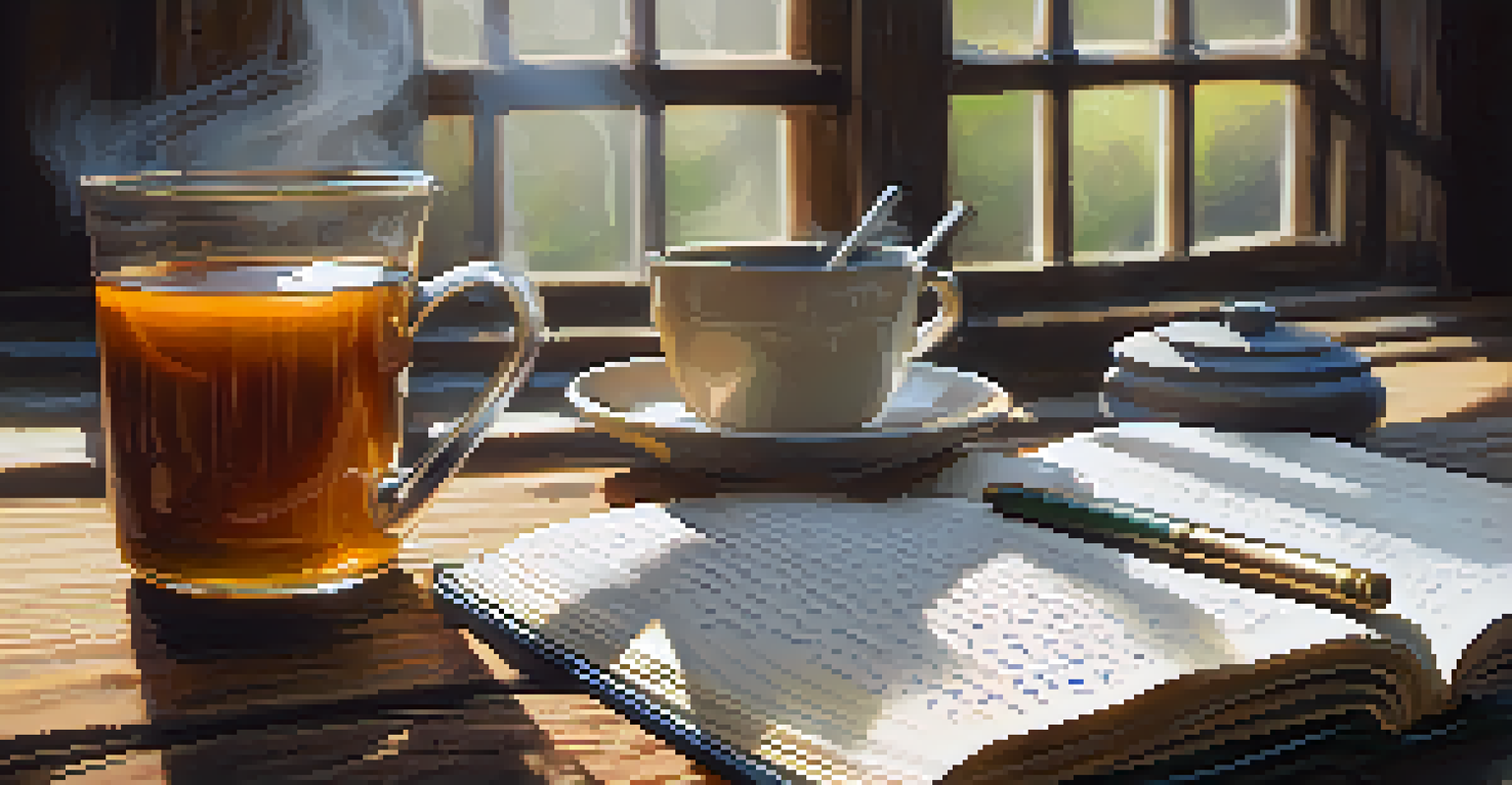 A hand writing in a journal with a cup of tea beside it on a wooden table.
