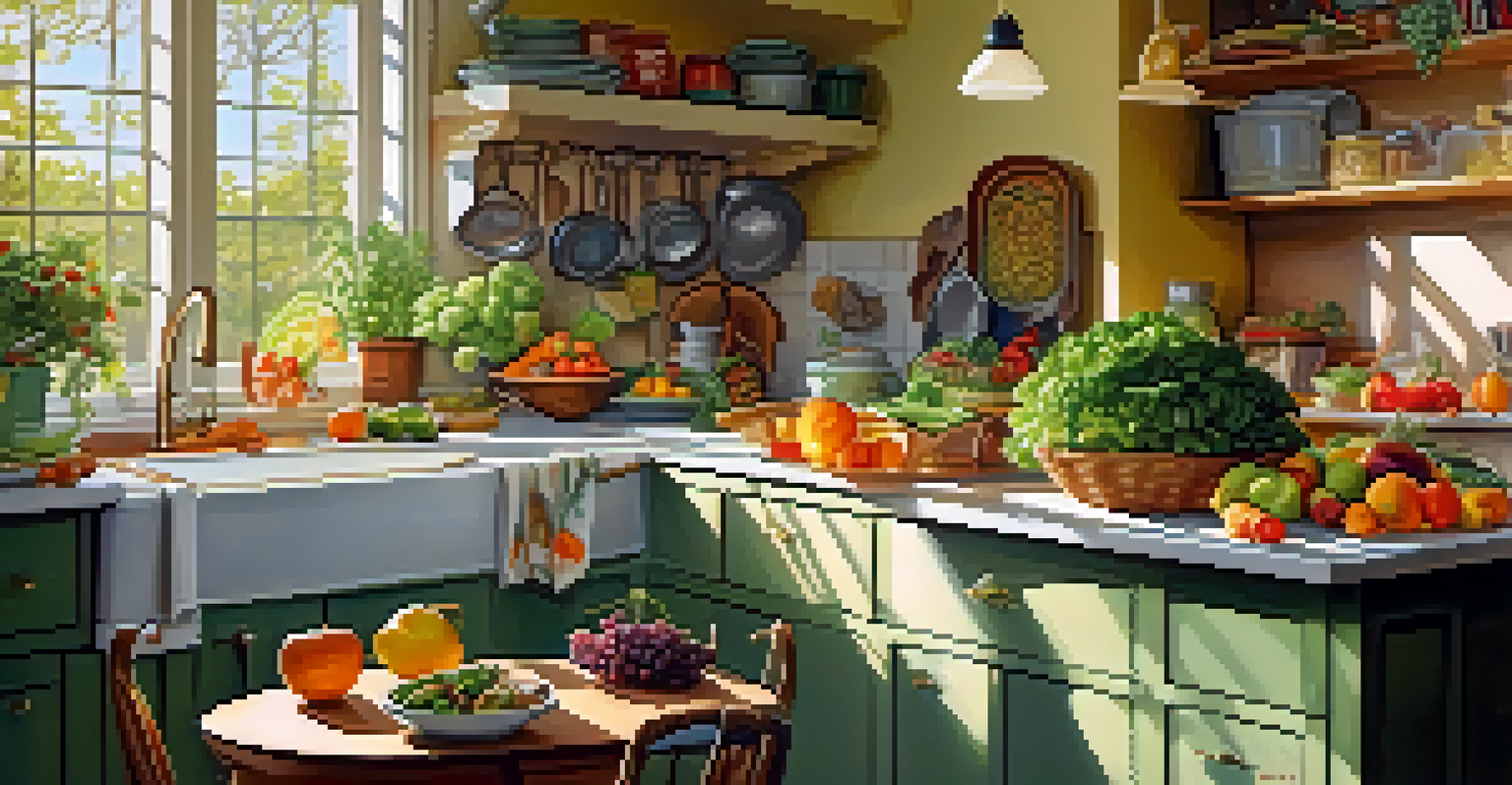 A colorful kitchen countertop filled with fresh ingredients like fish, greens, and fruits, highlighting healthy nutrition.