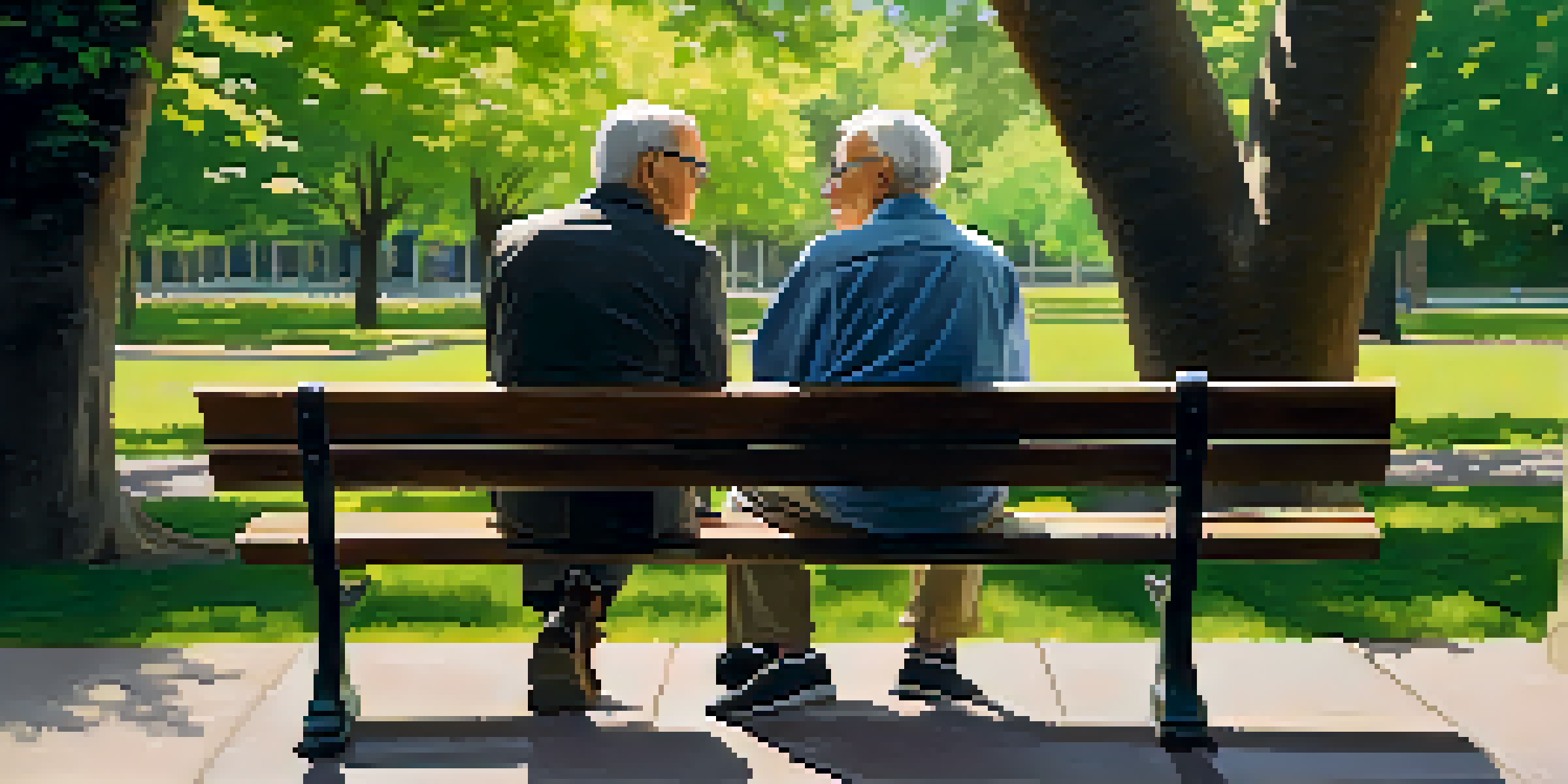 A mentor and mentee having a conversation on a park bench surrounded by greenery and flowers.