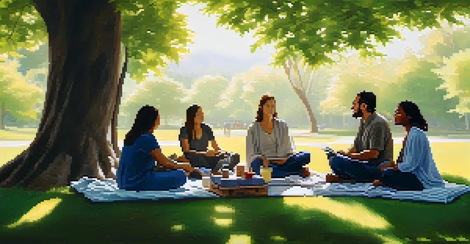 A group therapy session taking place outdoors under a tree, with participants seated in a circle sharing their experiences.