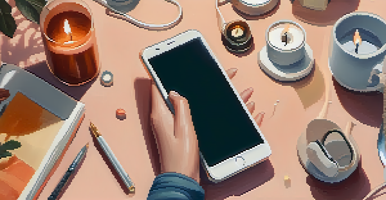 A person looking at a smartphone with supportive messages, surrounded by calming candles and a journal, conveying a sense of comfort.