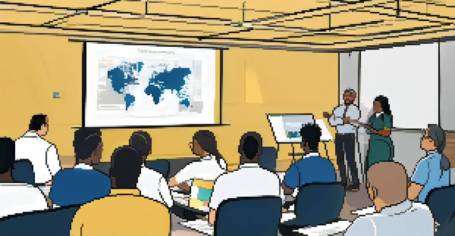 A diverse group of employees in a training session about addiction awareness, attentively listening to a facilitator with visual aids.