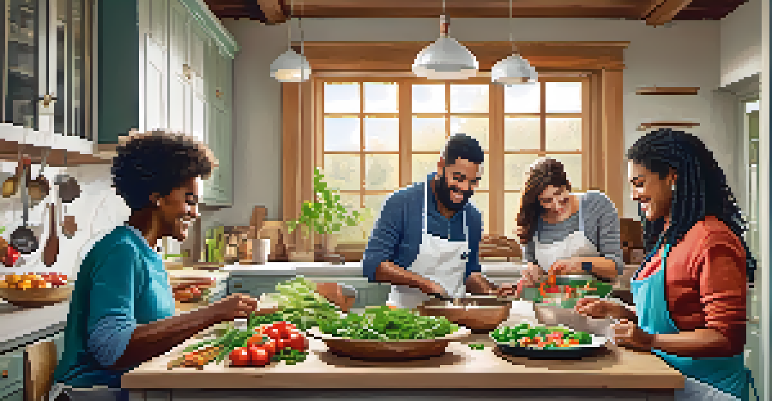 A group of friends happily cooking together in a warm kitchen, preparing healthy meals and sharing tips.