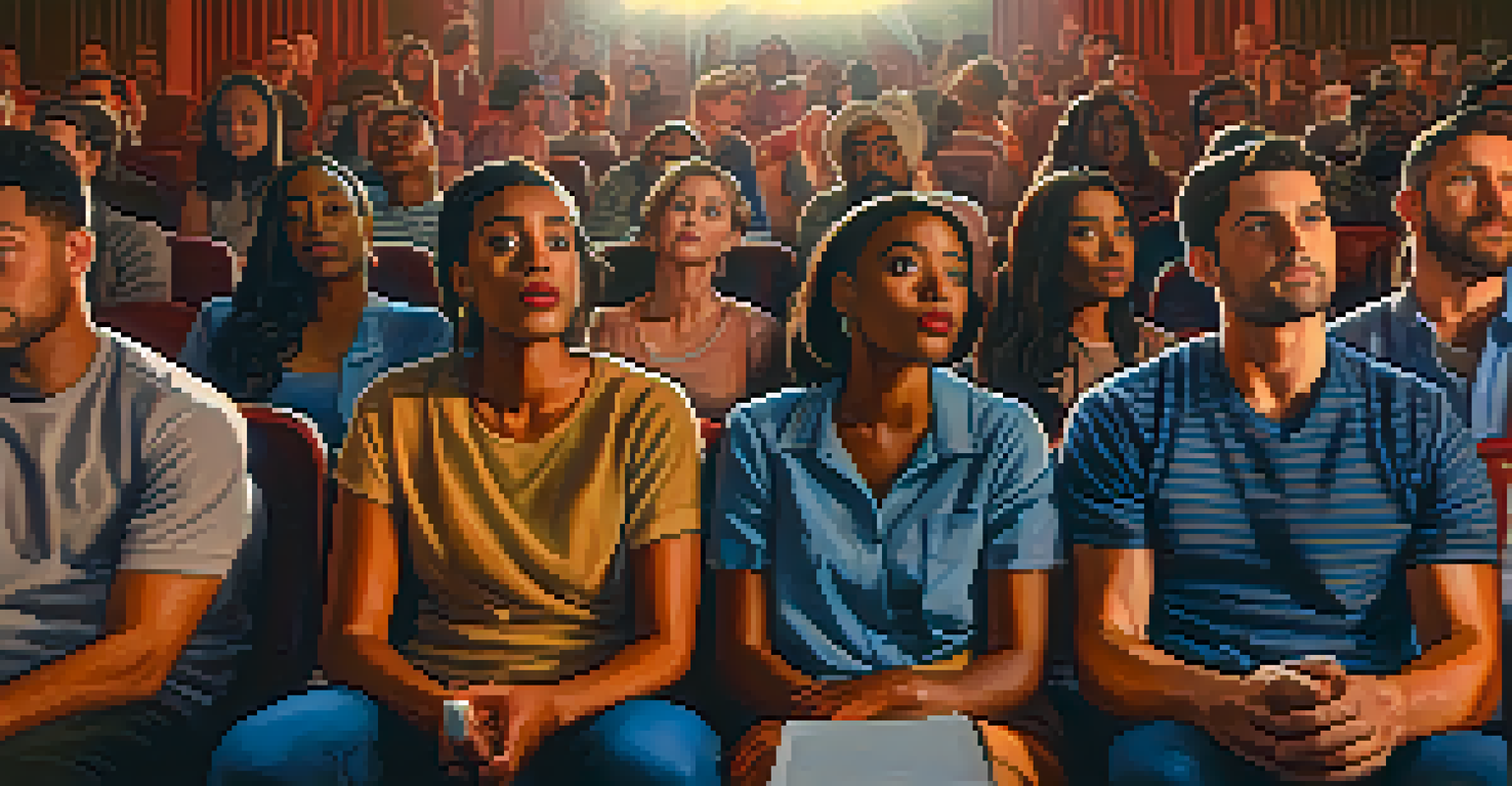 A diverse audience in a dimly lit theater watching a film, showing various expressions of empathy and reflection.