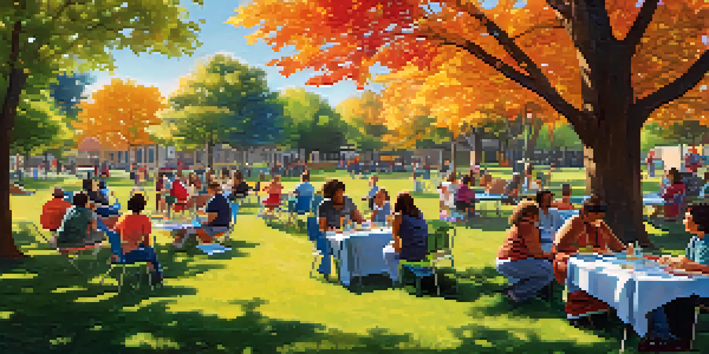 A lively park scene with people of different ages and backgrounds gathered for addiction prevention activities, under a sunny sky.