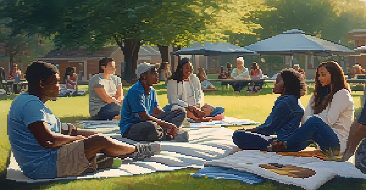 A diverse group of individuals sitting in a circle in a park, sharing experiences during a support group meeting, surrounded by trees and warm sunlight.