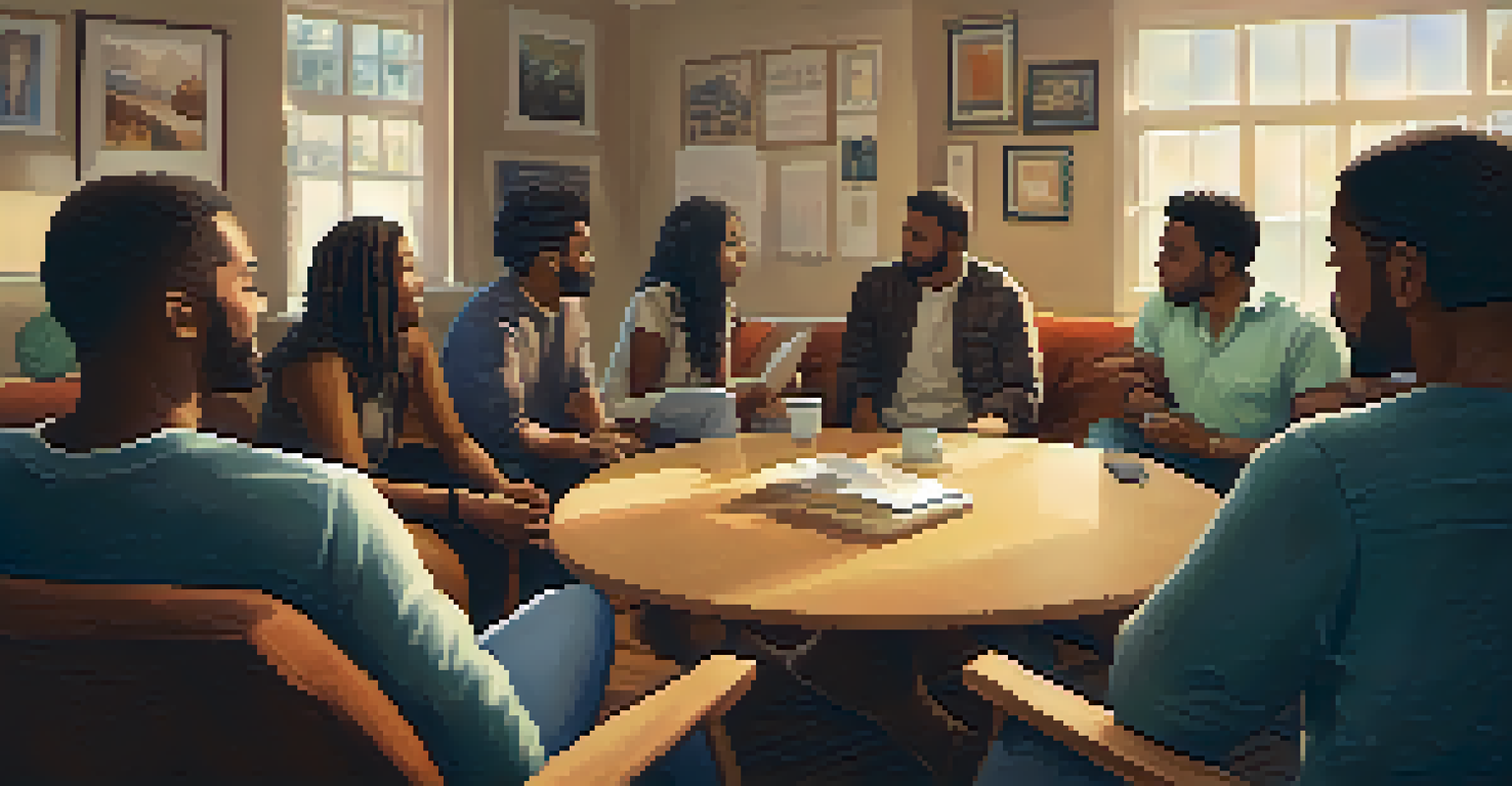 A support group meeting in a cozy room with individuals engaged in conversation in a circle.
