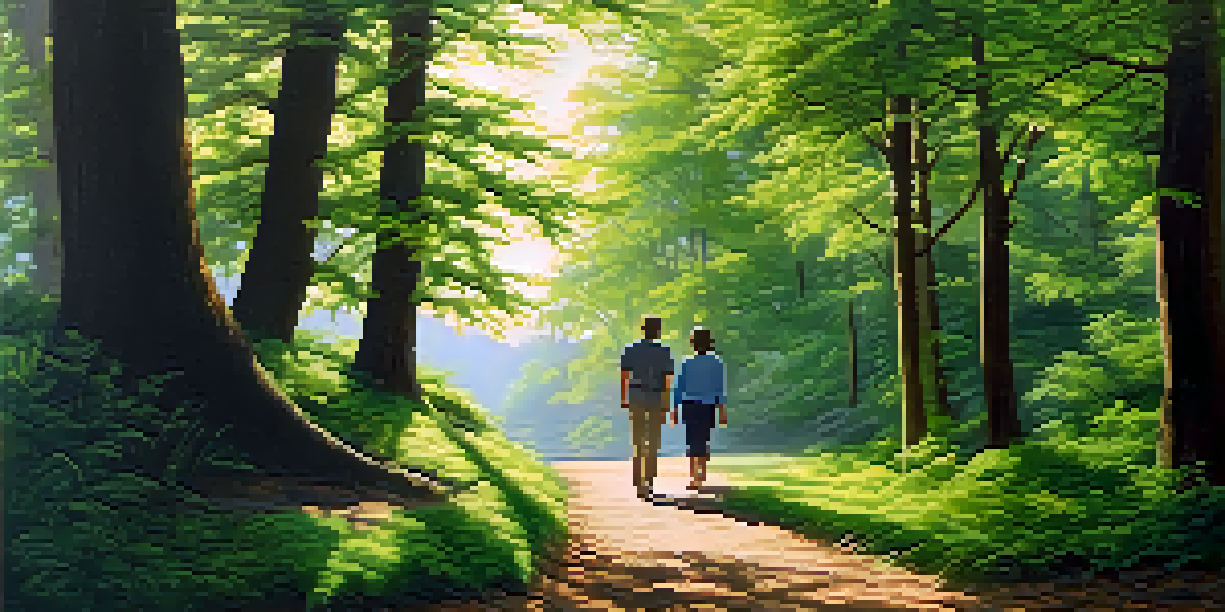 A winding road through a green forest with a person walking alongside a companion, symbolizing a hopeful journey.