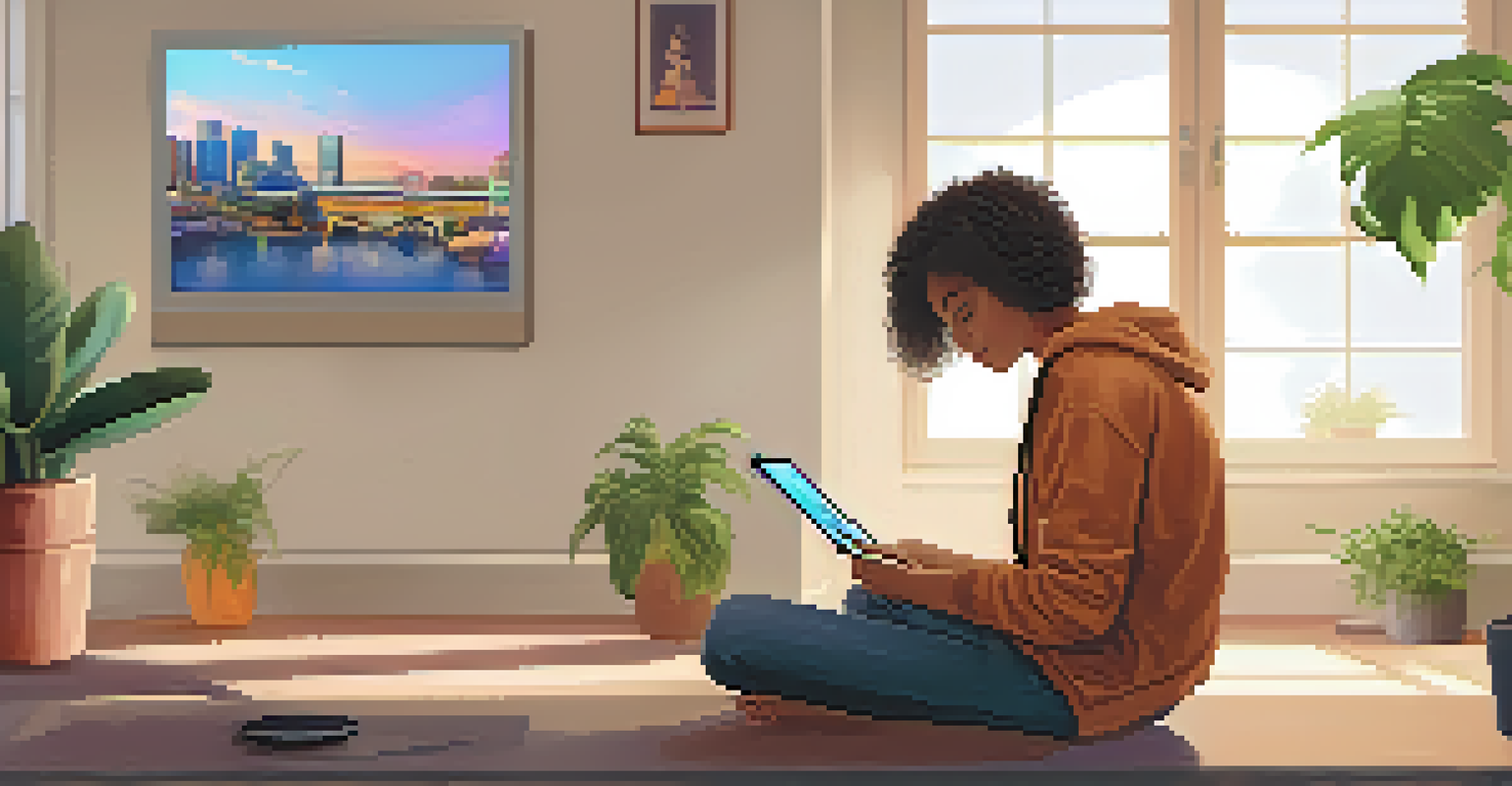 A young person using a tablet for an online support group in a modern, inviting room filled with plants and motivational decor.