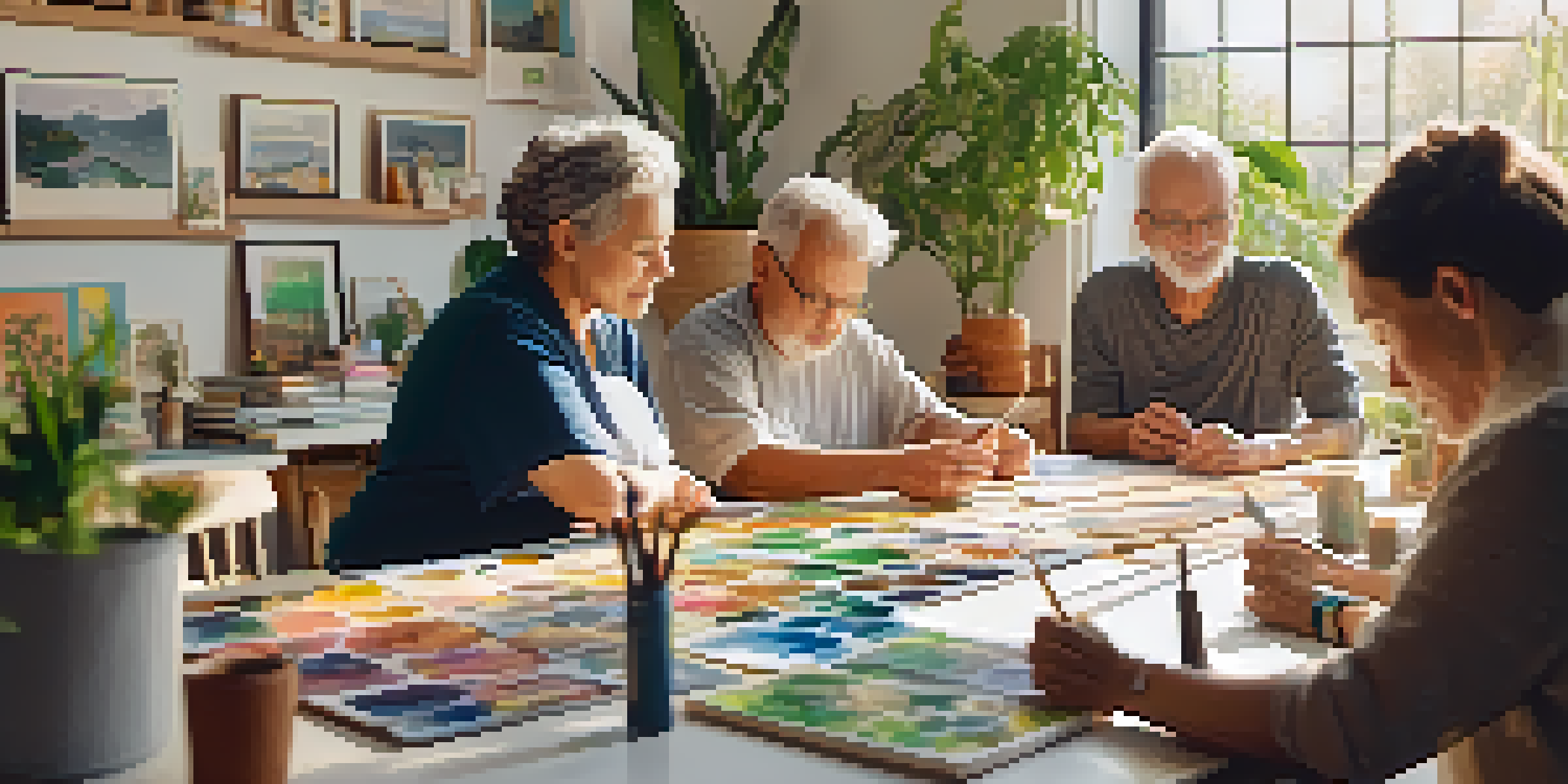 A diverse group of individuals engaged in an art therapy session, surrounded by natural light and greenery.