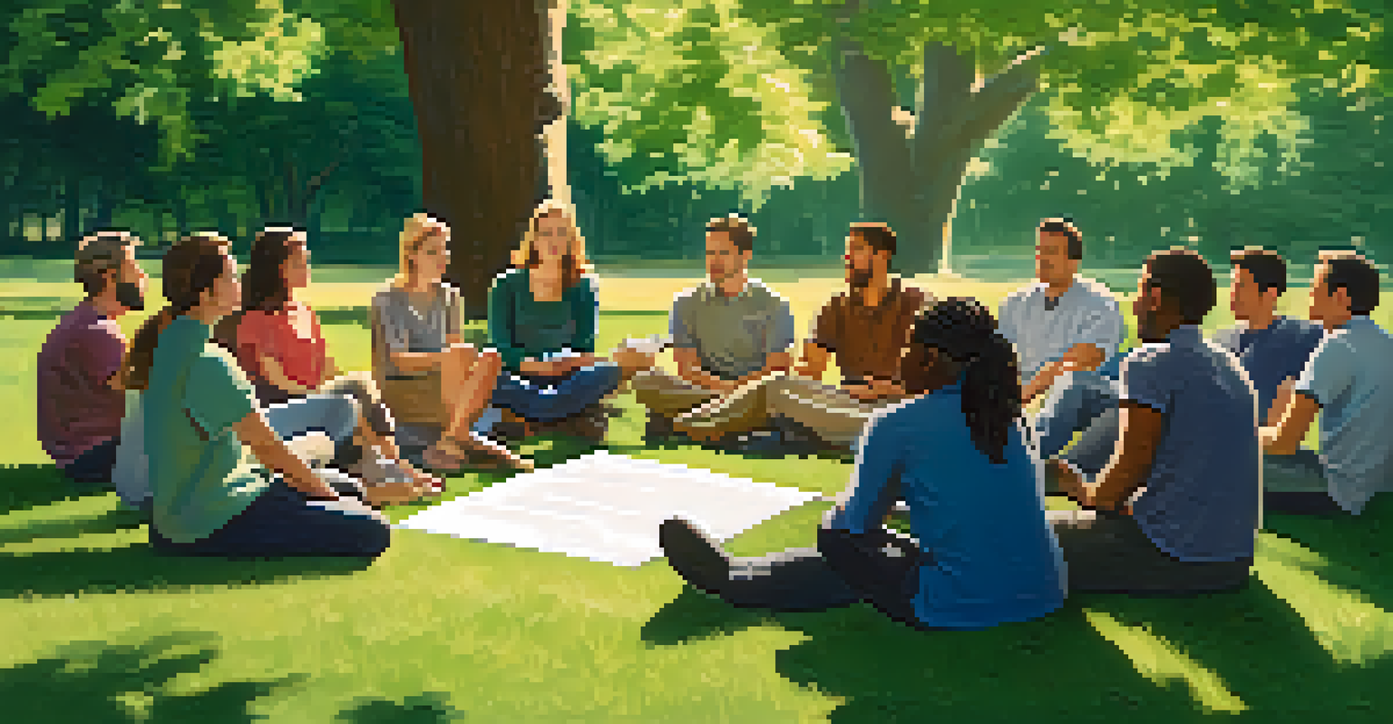 An outdoor support group session in a serene environment, with individuals sitting in a circle under a tree, engaged in discussion.