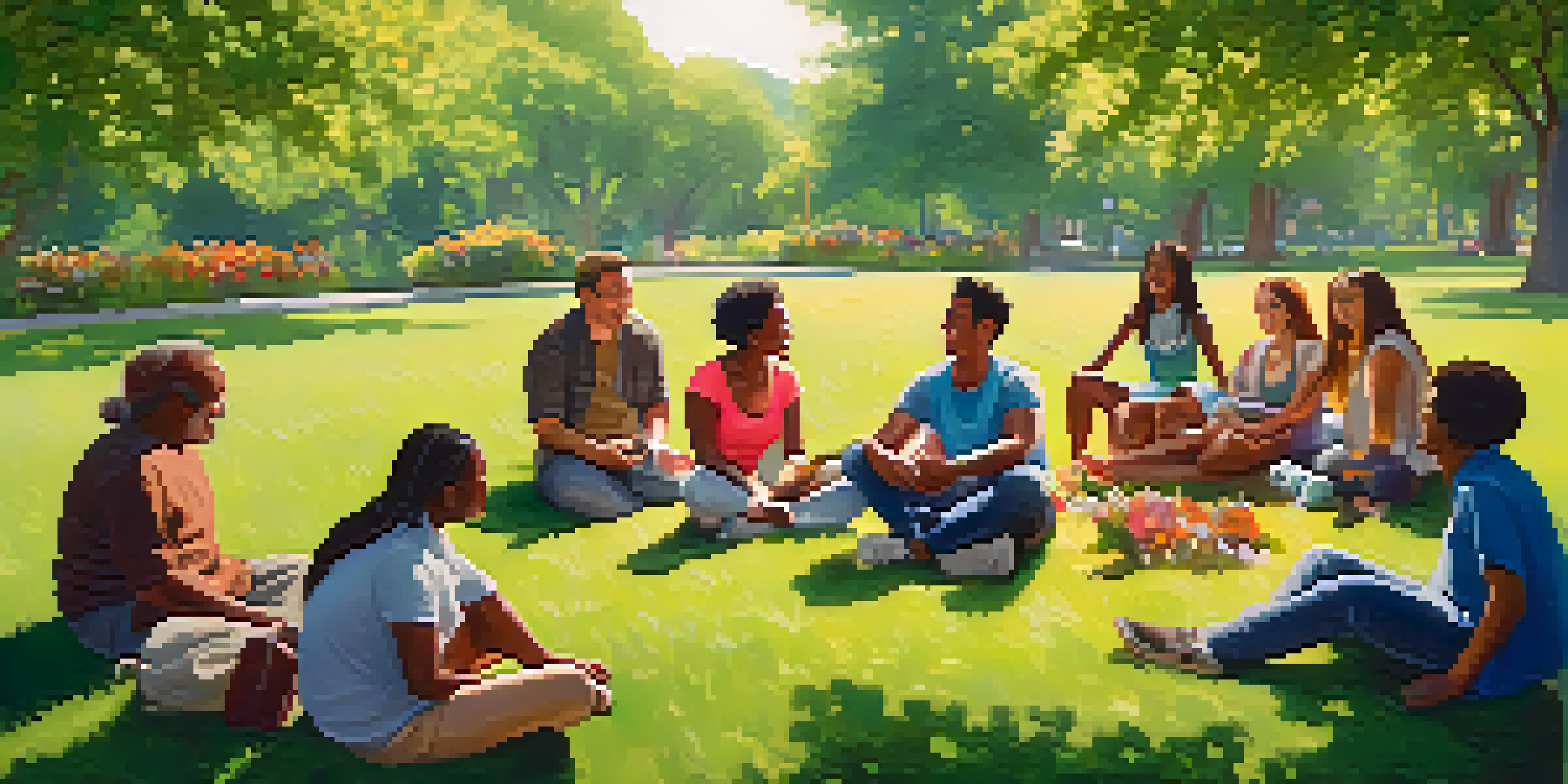 A diverse group of individuals sitting in a circle on the grass in a park, sharing stories and laughter under the sunlight.