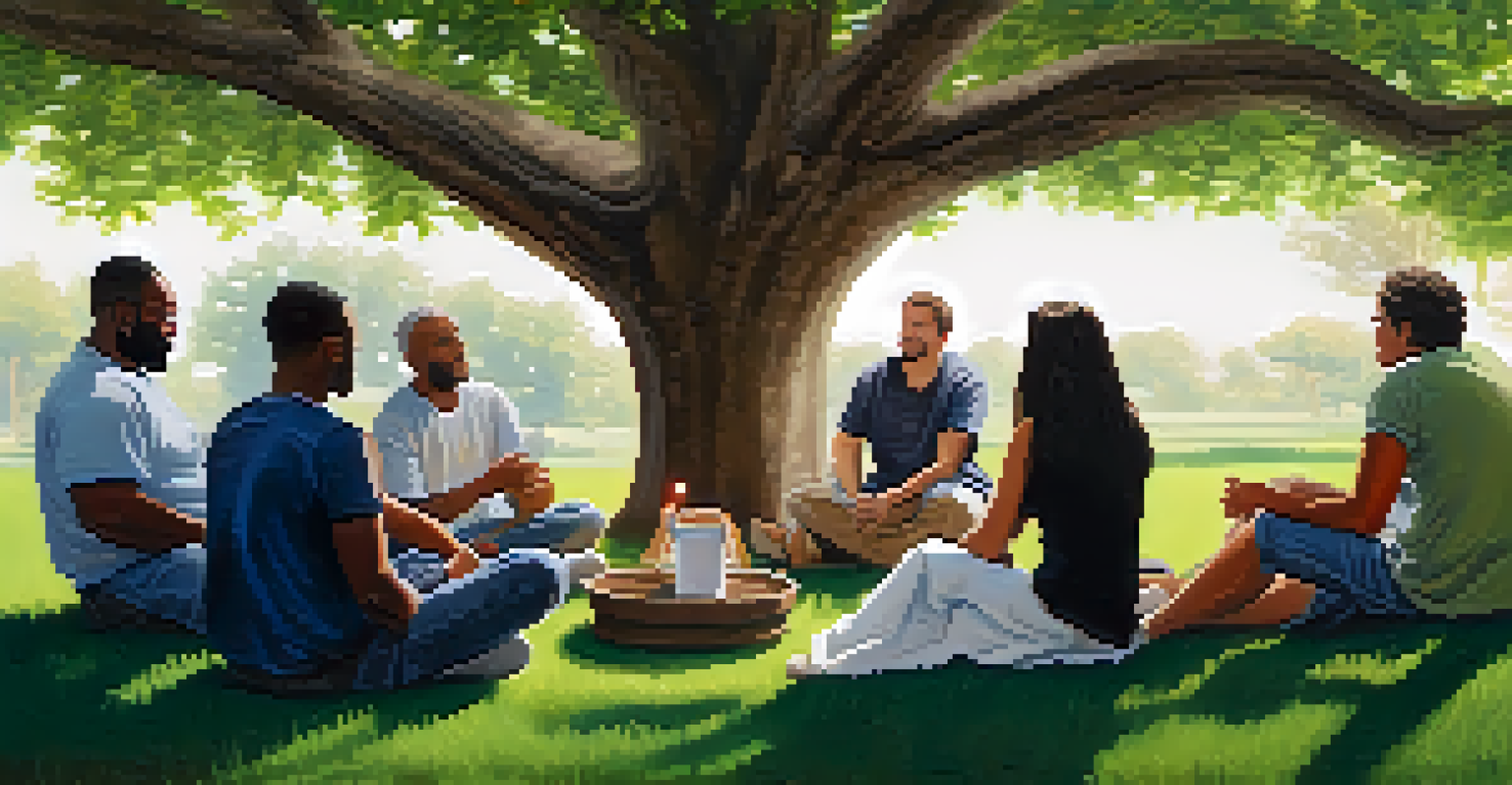 A supportive outdoor group of individuals sitting in a circle under a tree, sharing stories and fostering community in recovery.