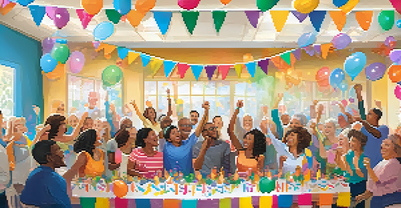 A diverse group of people celebrating together in a support group, with smiles, applause, colorful decorations, and a banner that says 'Together We Thrive'.