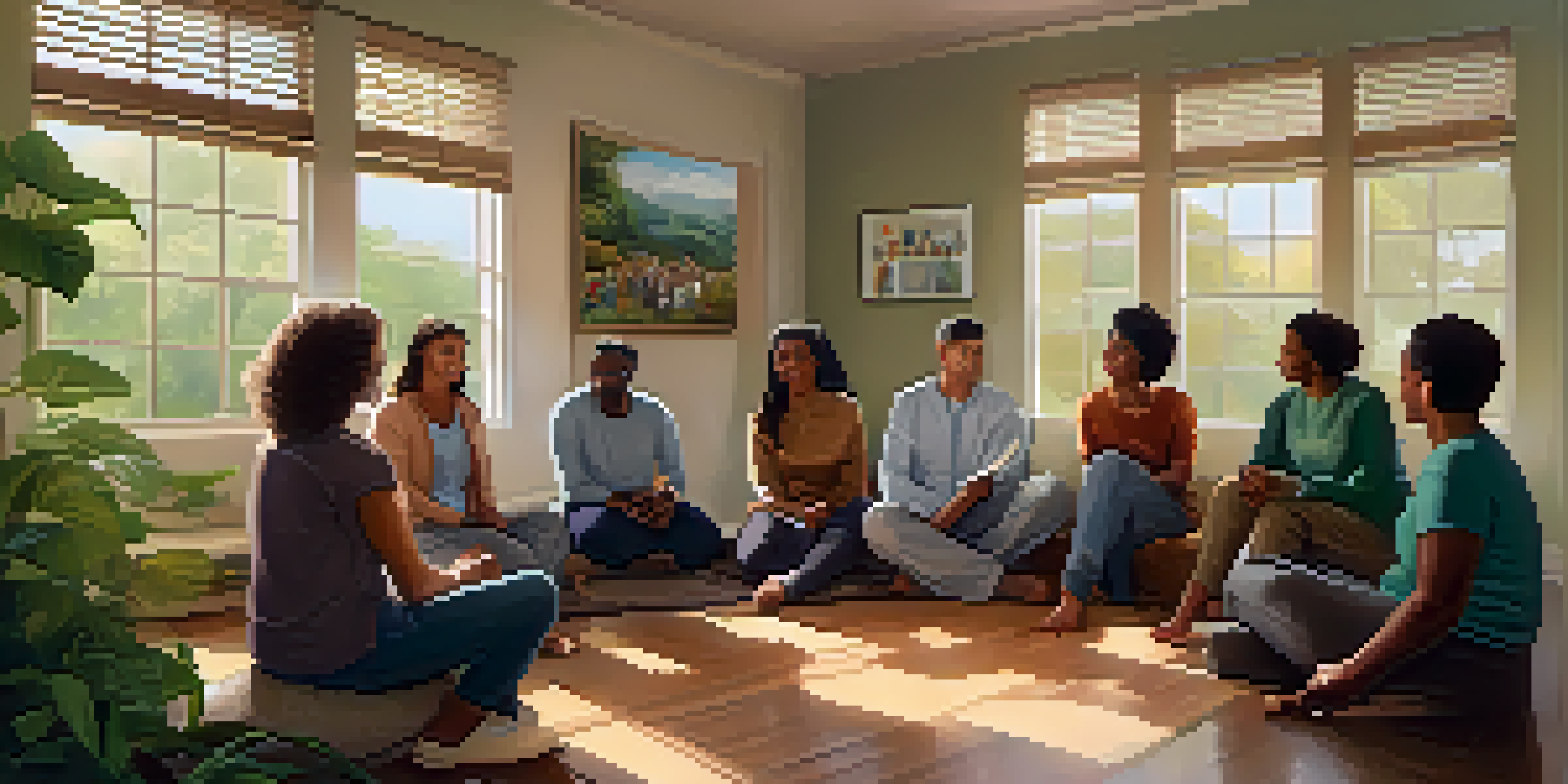 A diverse group of individuals sitting in a circle, sharing their stories in a supportive environment, with natural light illuminating the cozy room.