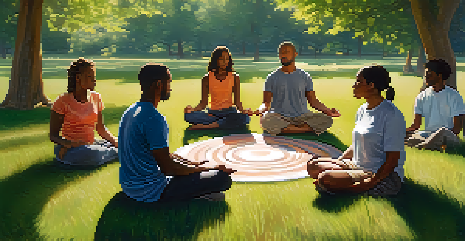 A group of diverse individuals meditating outside in a circle, surrounded by nature and dappled sunlight.