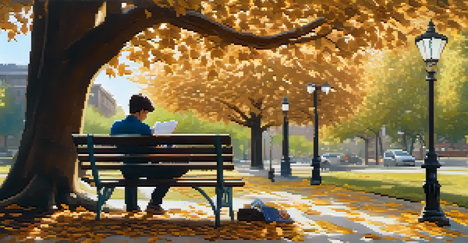 A person journaling on a bench under a tree in a park during autumn.