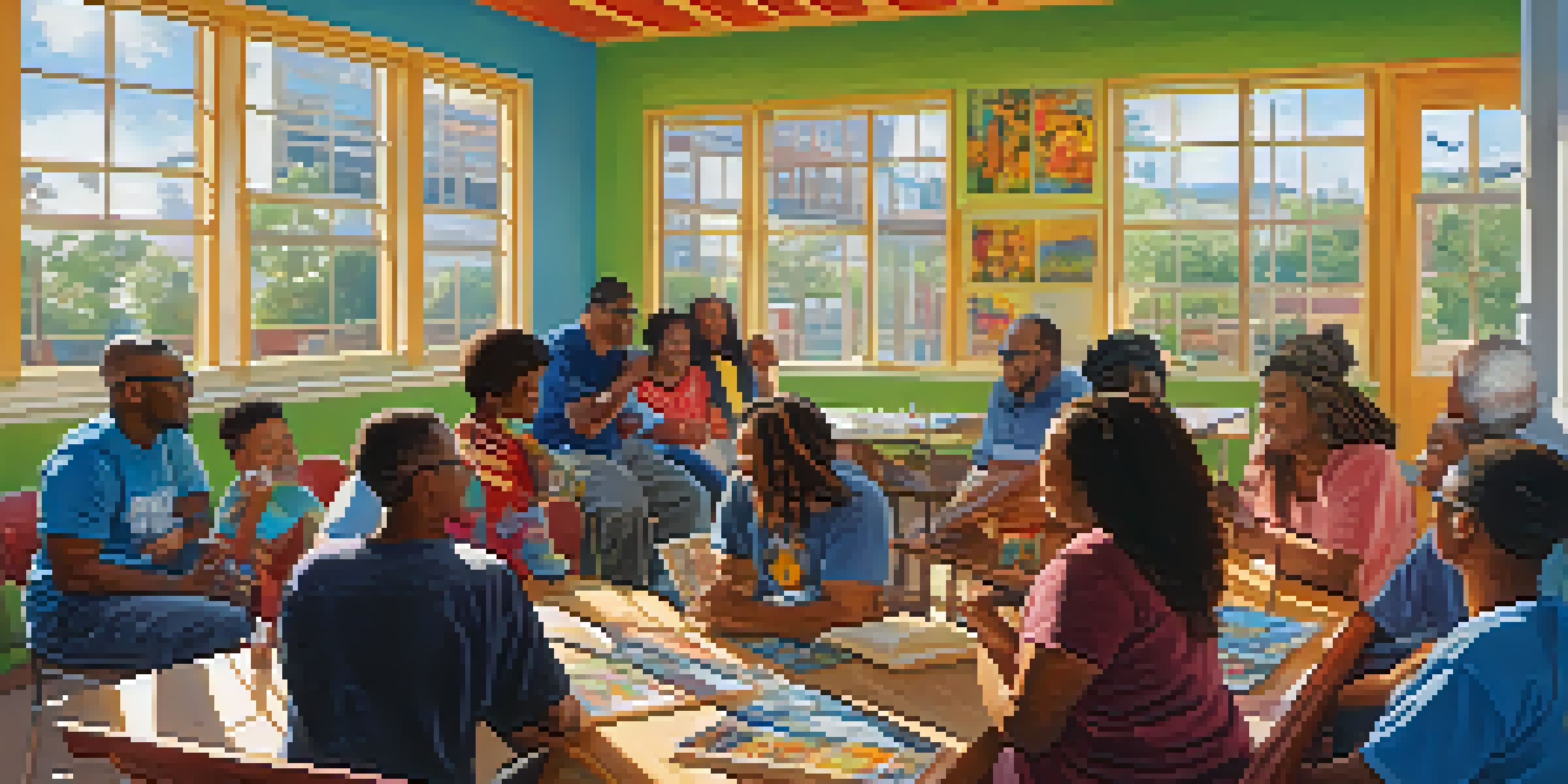 A community center filled with diverse people participating in a support group, with sunlight illuminating the room and colorful artwork on the walls.