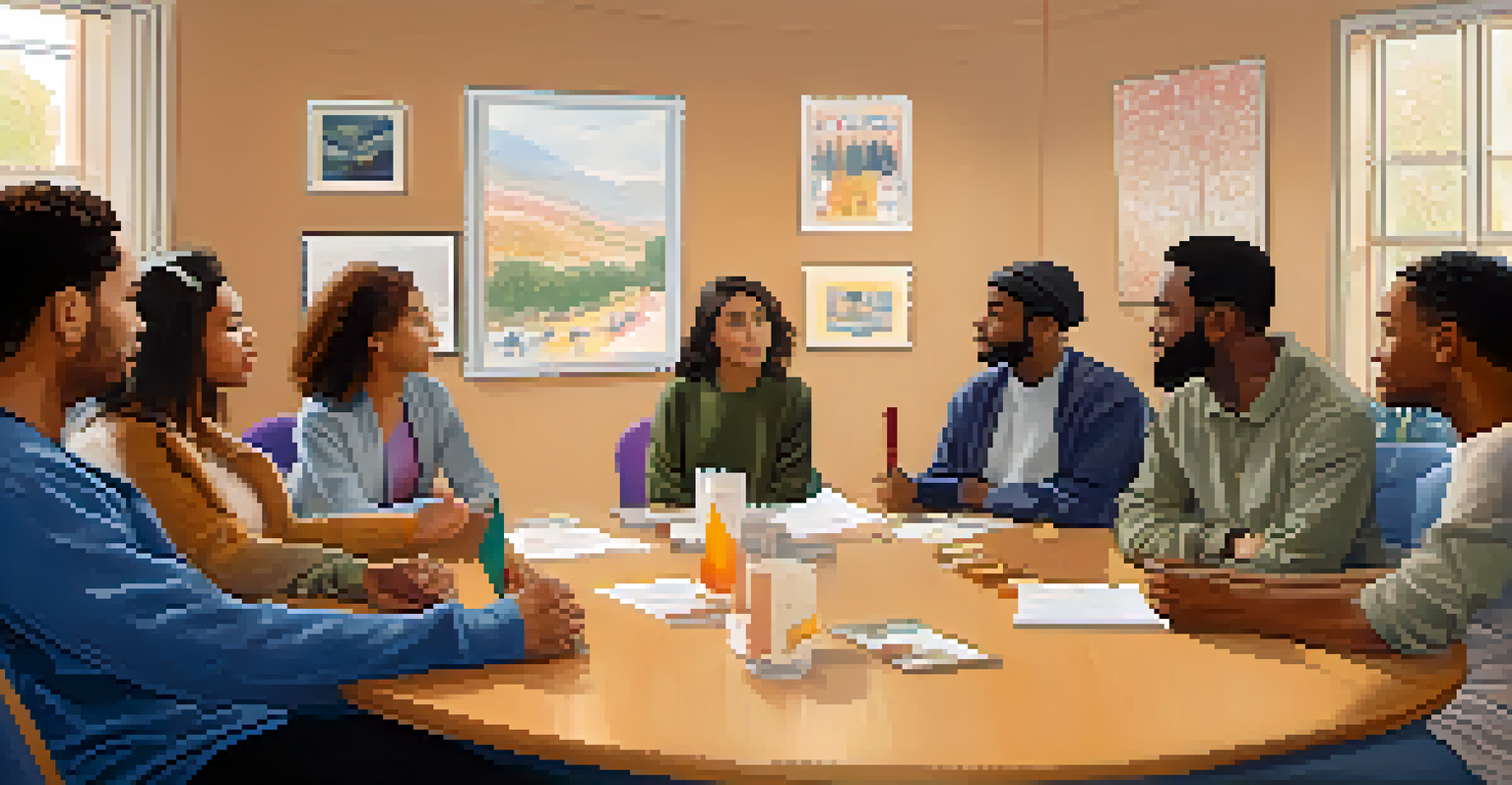 A cozy support group meeting in a warmly lit room with participants seated in a circle, sharing their experiences.