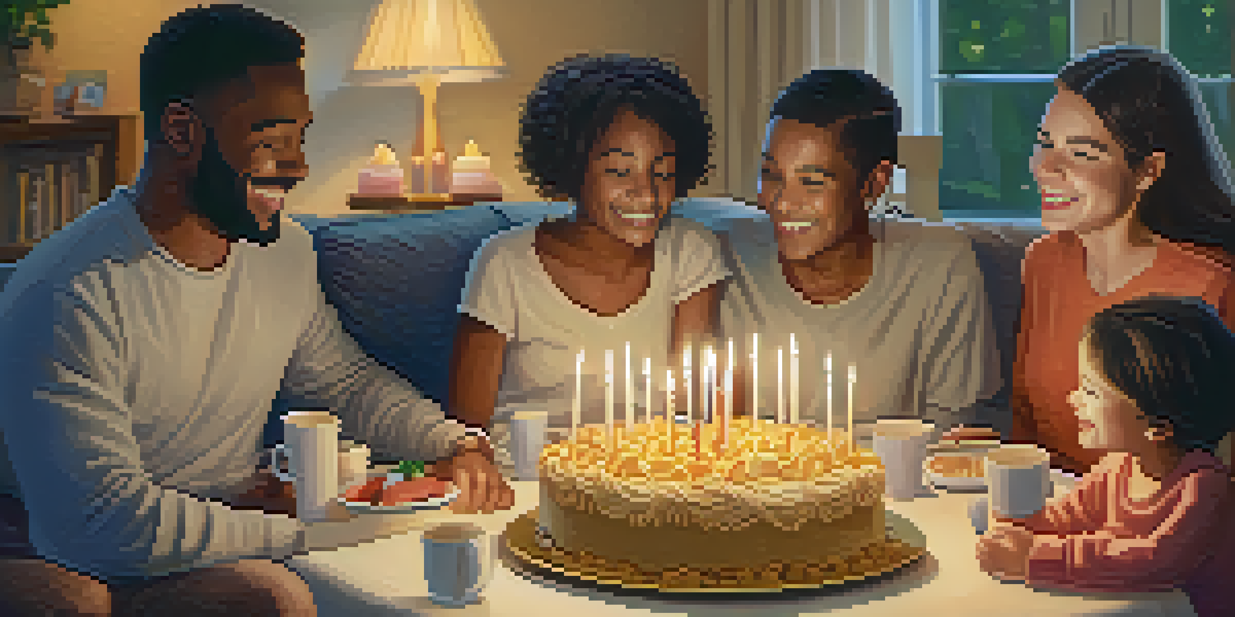 A family celebrates a milestone in a cozy living room, with warm lighting and a decorated table.