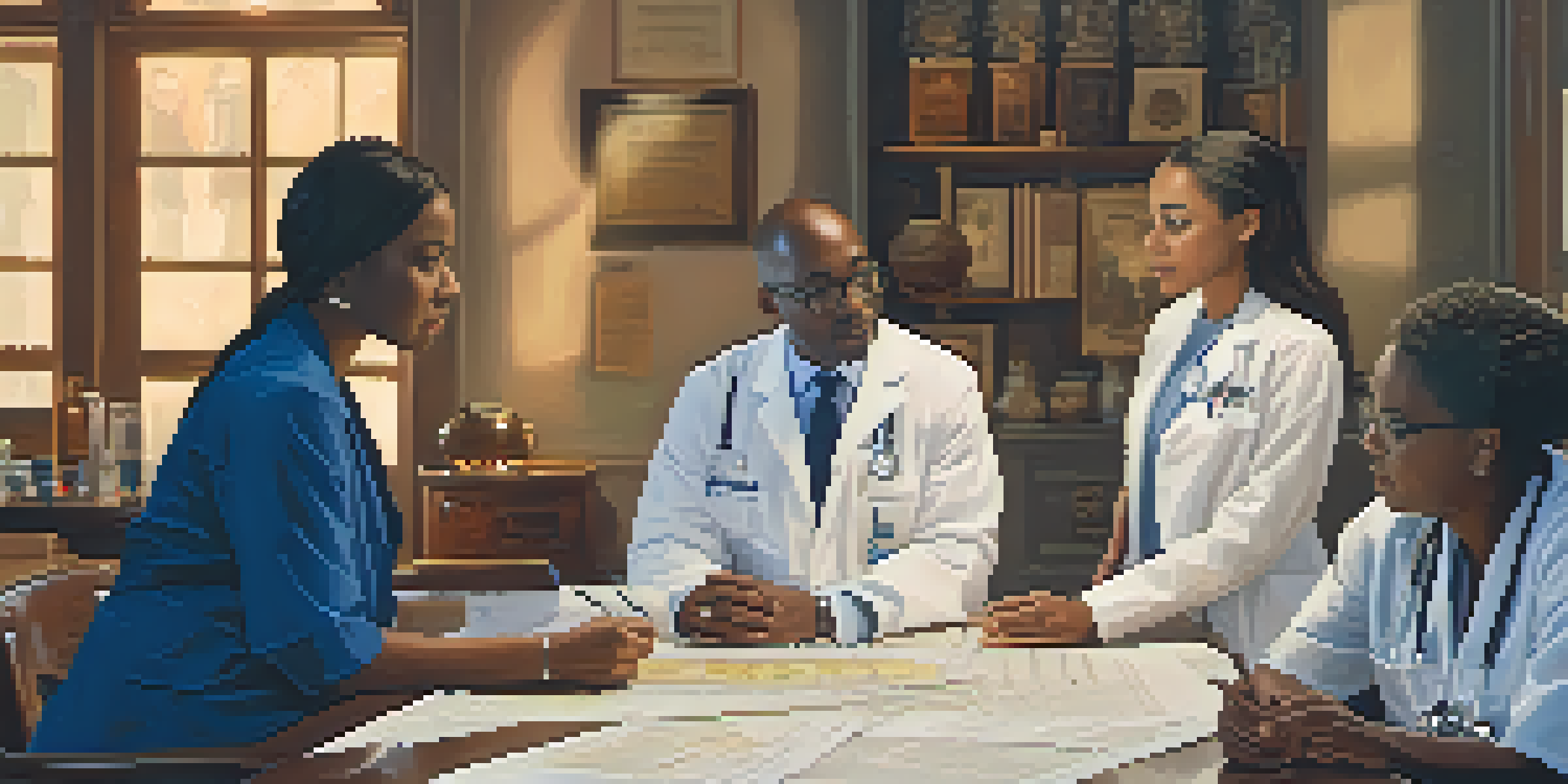 A diverse group of healthcare professionals discussing cultural sensitivity in a well-lit room with cultural artifacts.