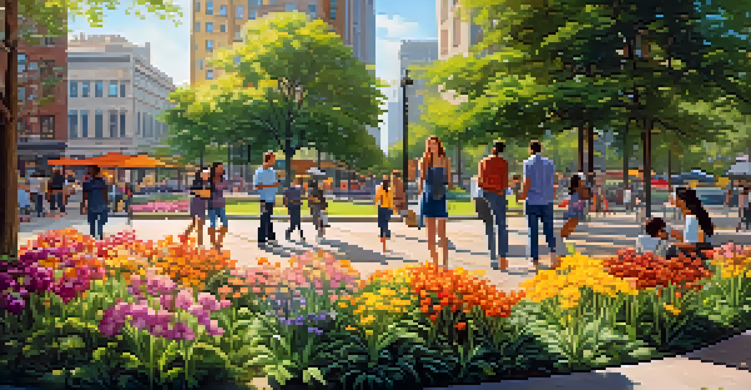 A lively urban park with diverse people interacting among colorful flowers and tall buildings under bright sunlight.
