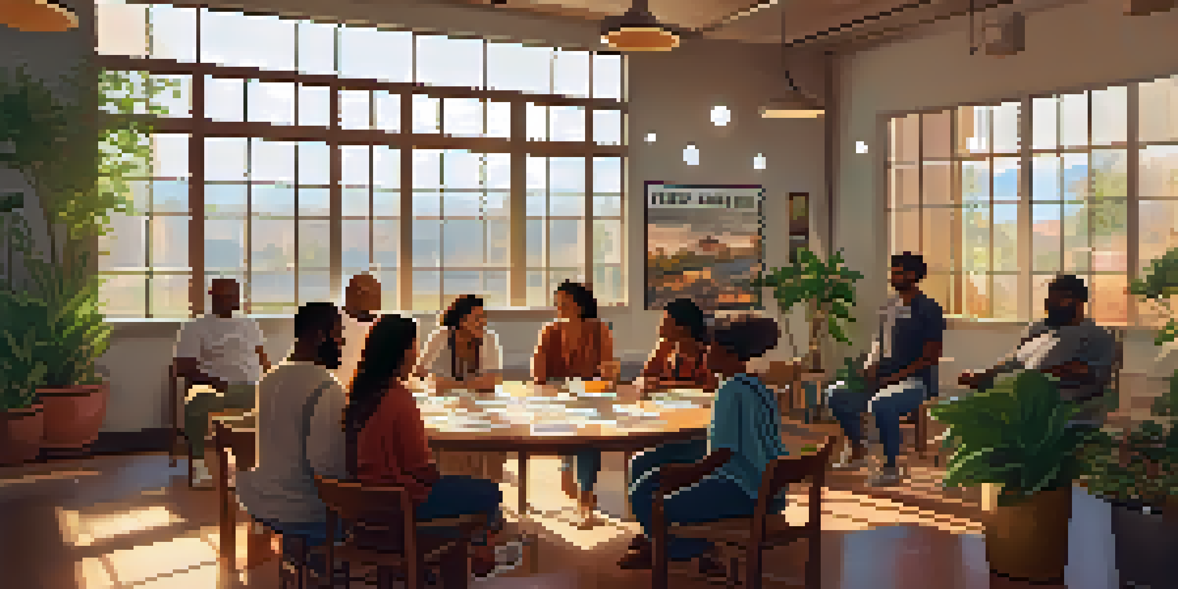 A diverse group of individuals sharing their stories in a community center, surrounded by plants and motivational posters, with warm sunlight streaming through the windows.