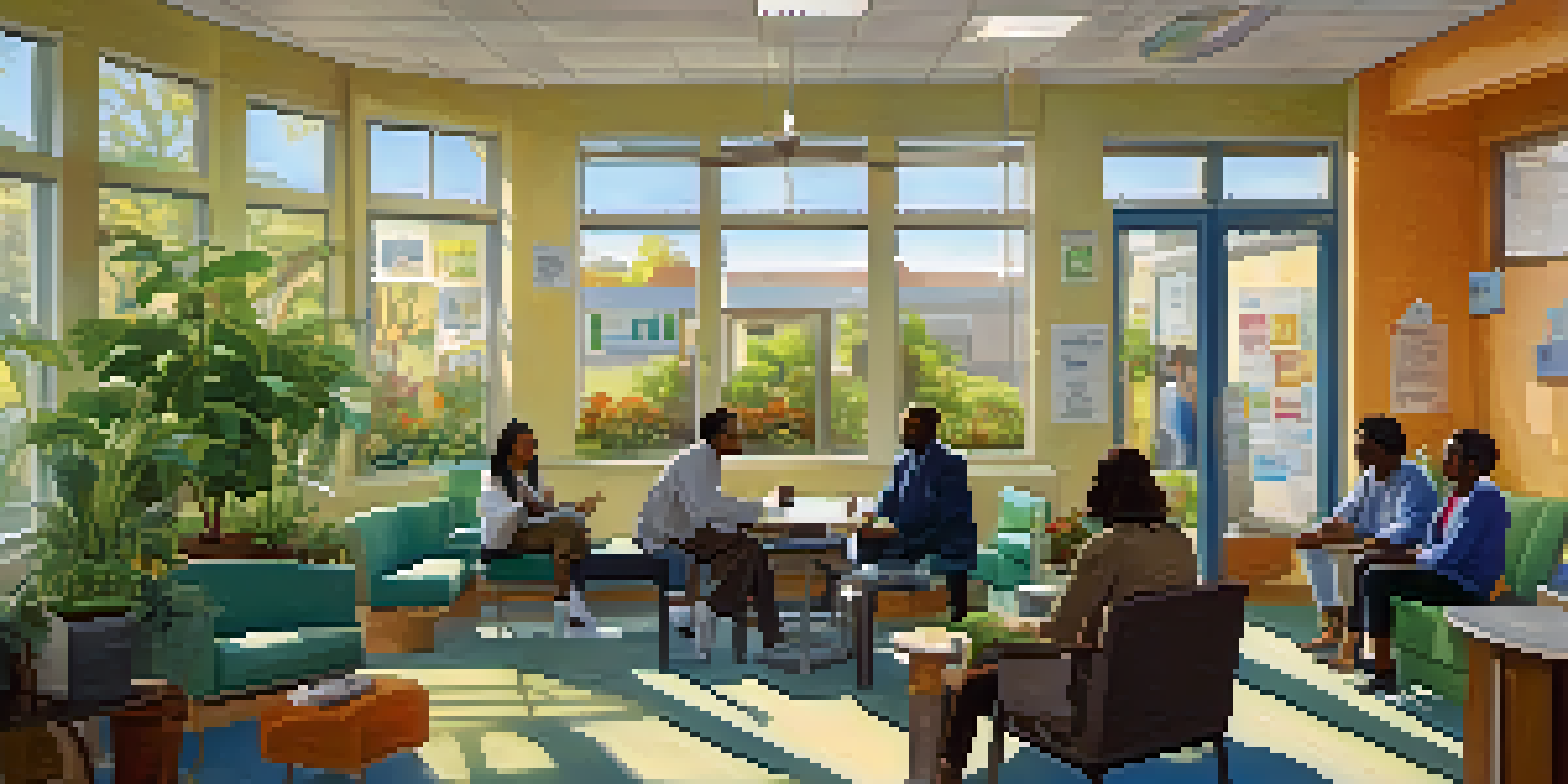 A community health clinic with diverse individuals and healthcare providers engaged in discussion in a bright and welcoming environment.