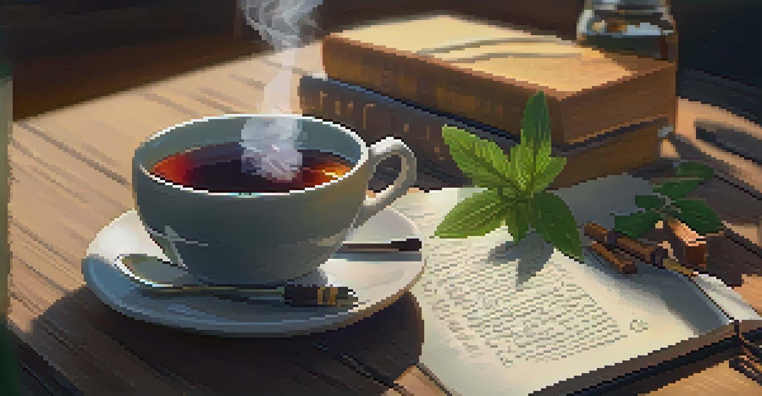 A hand holding a steaming cup of herbal tea, with a journal and pen on a wooden table in a calming atmosphere.
