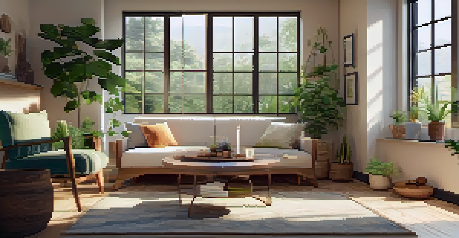 A cozy therapy room with soft lighting, a comfortable couch, essential oils, candles, and calming artwork.