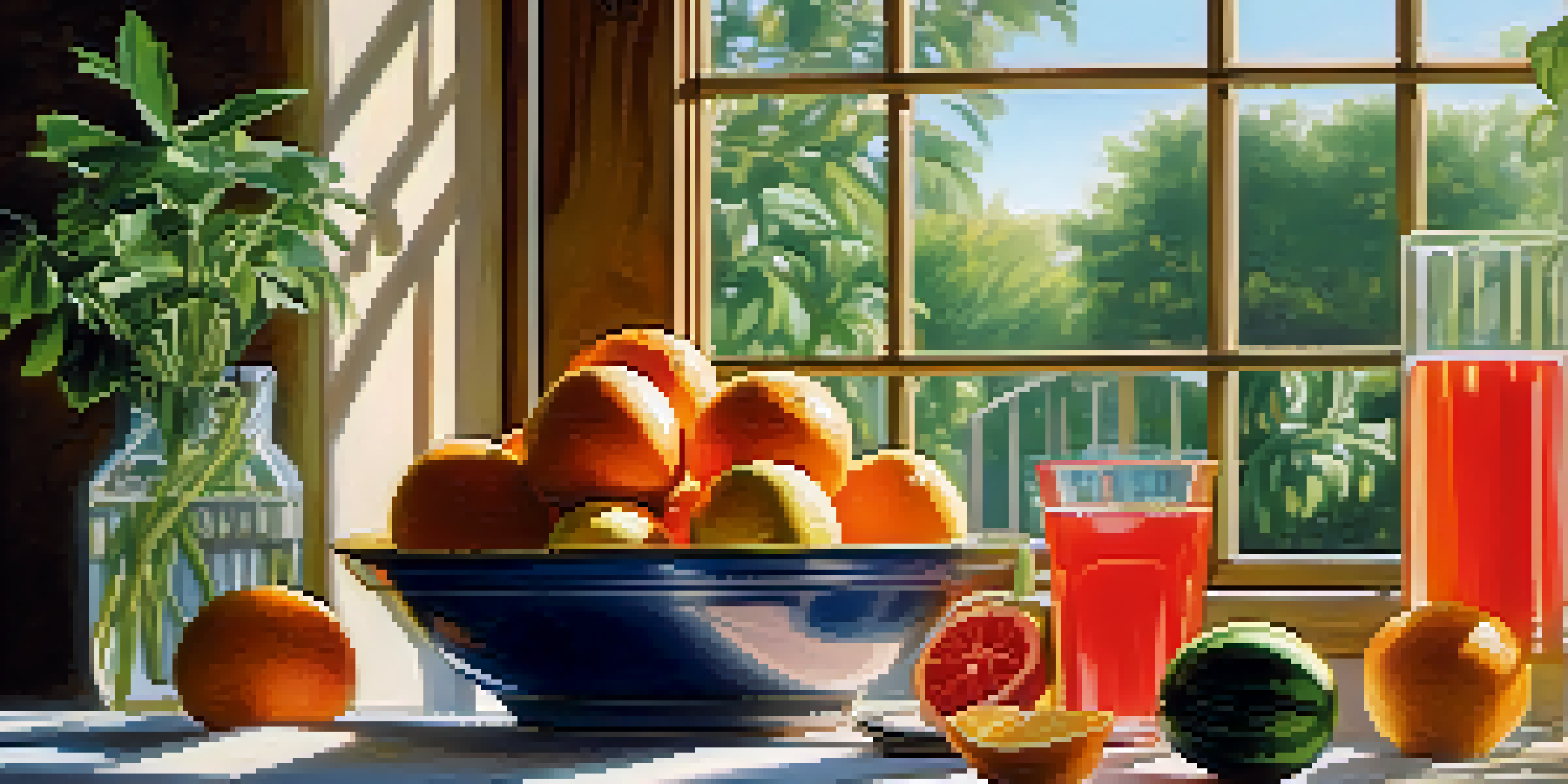 A glass of water with fresh fruits on a wooden table, illuminated by soft sunlight.