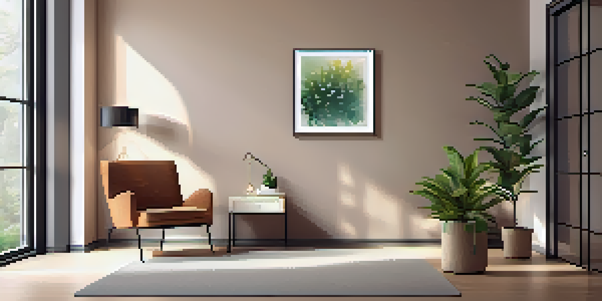 A peaceful therapy room with warm lighting, a comfy chair, a plant, and motivational wall art, creating a calming environment for therapy.