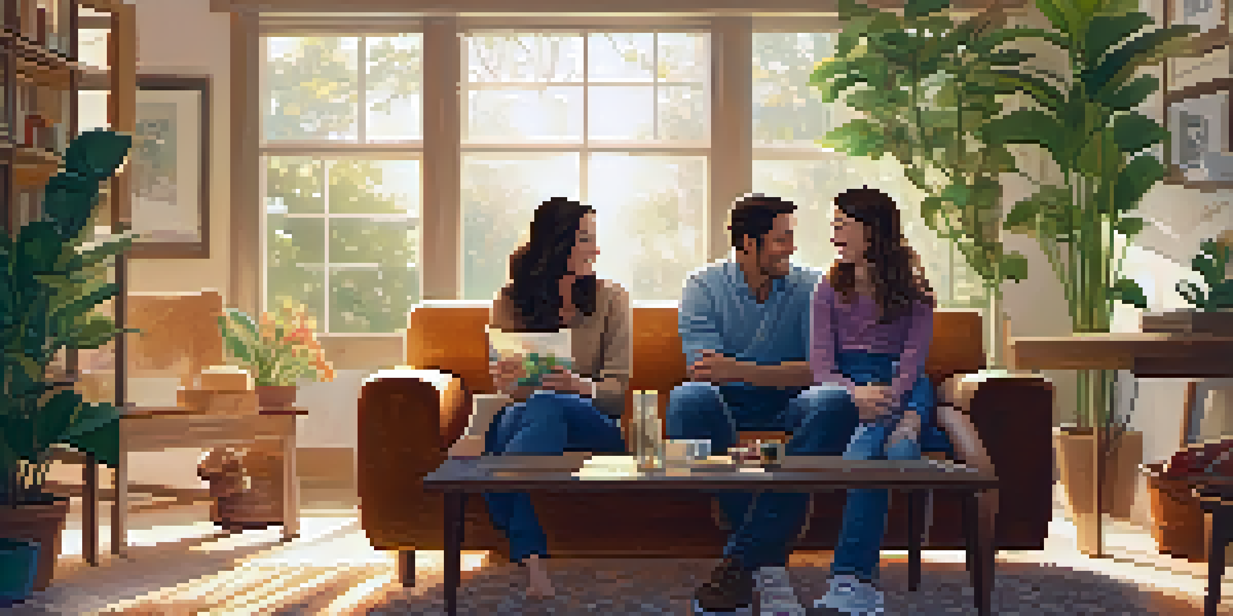 A diverse family of four engaged in a heartfelt conversation in a cozy living room, with warm lighting and family photos around them.