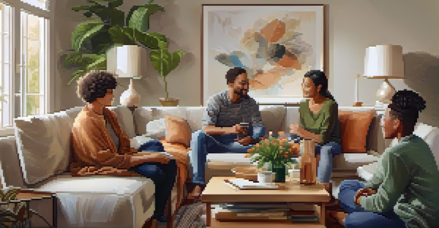 Family members sit together in a cozy living room, engaged in a supportive conversation, highlighting the importance of communication in recovery.