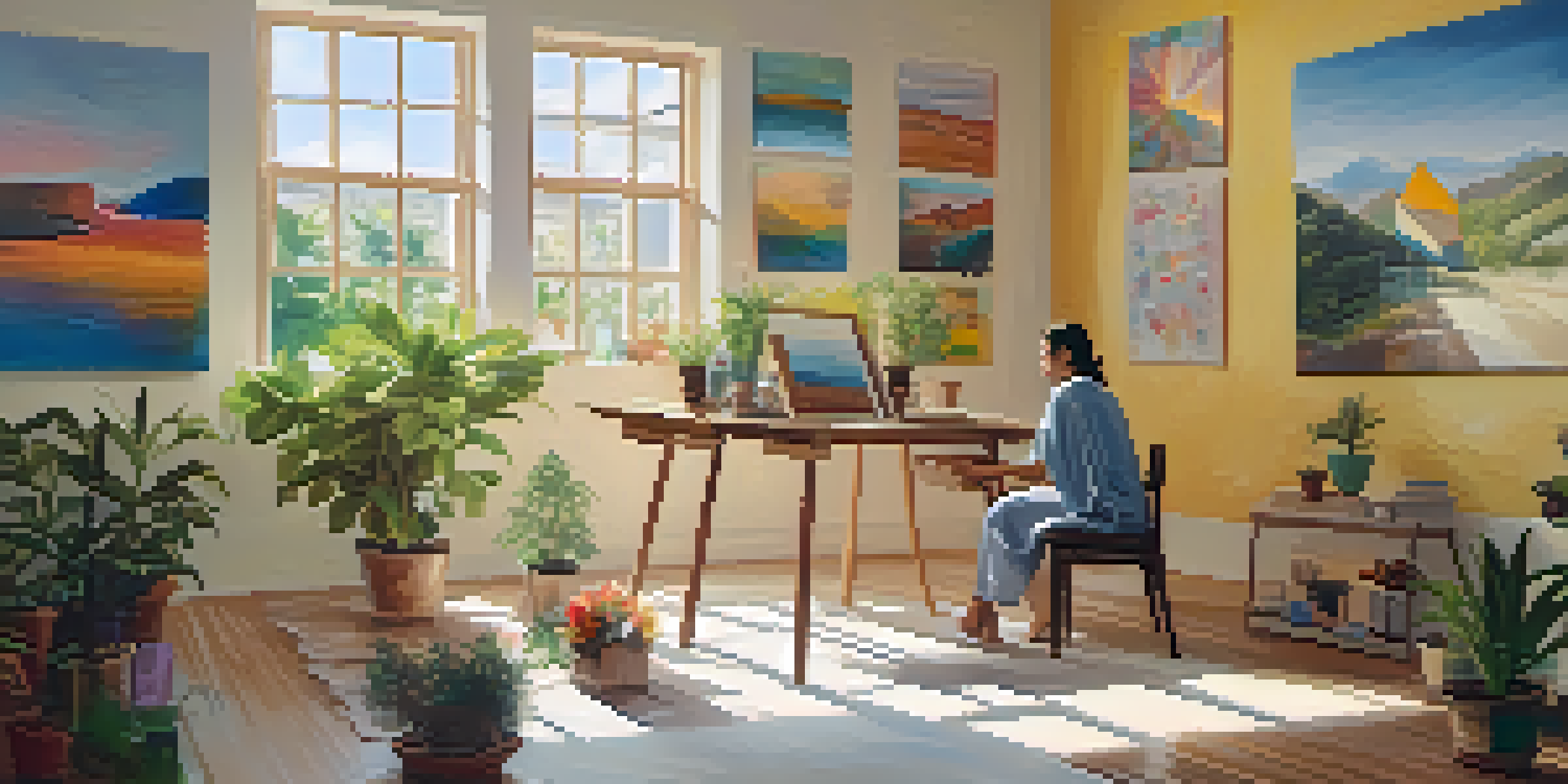 A bright art therapy room with a person painting on a canvas, surrounded by colorful artwork and plants.