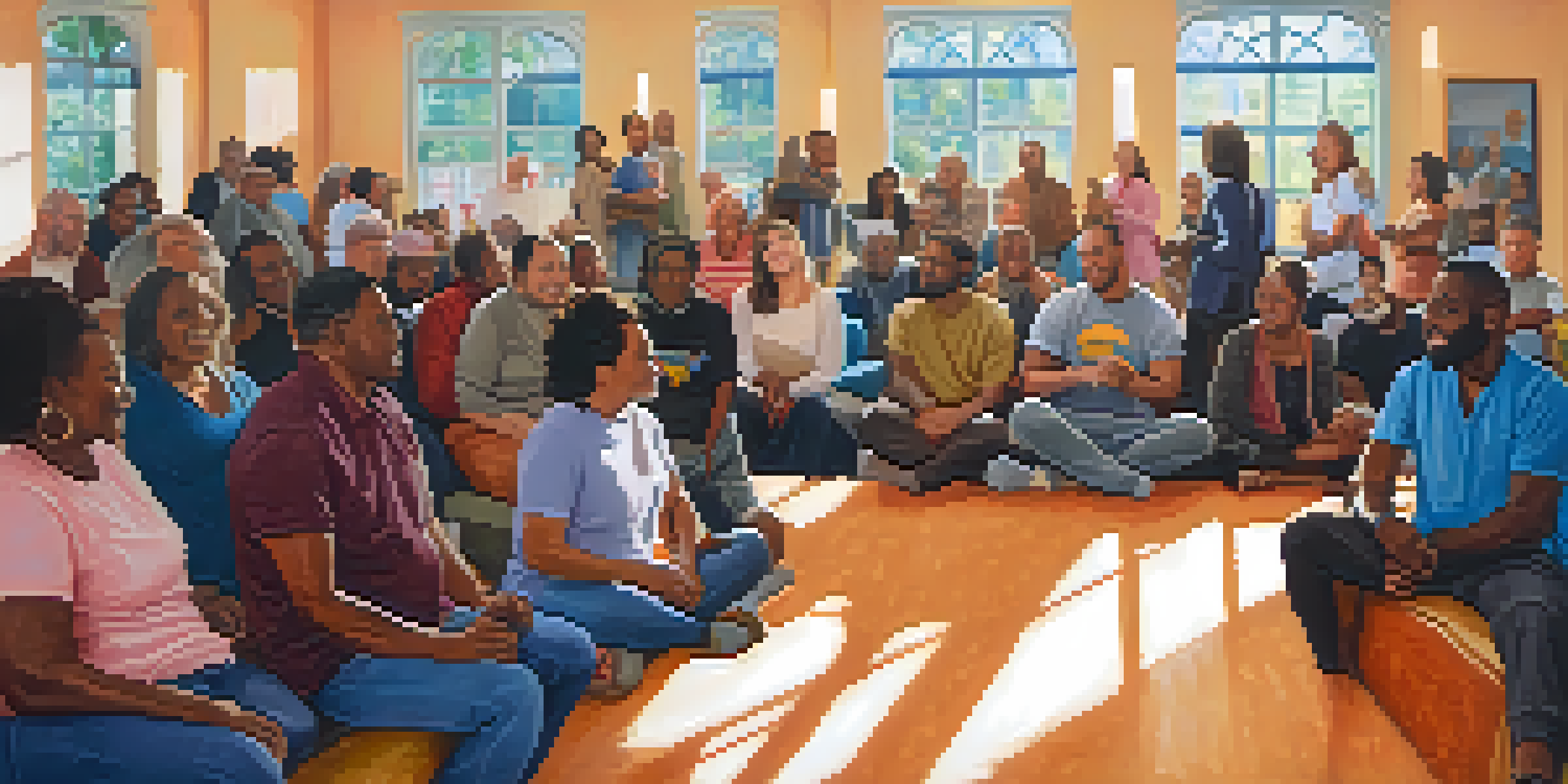 A community meeting with diverse individuals sharing recovery stories in a warm and supportive atmosphere, illuminated by natural light.