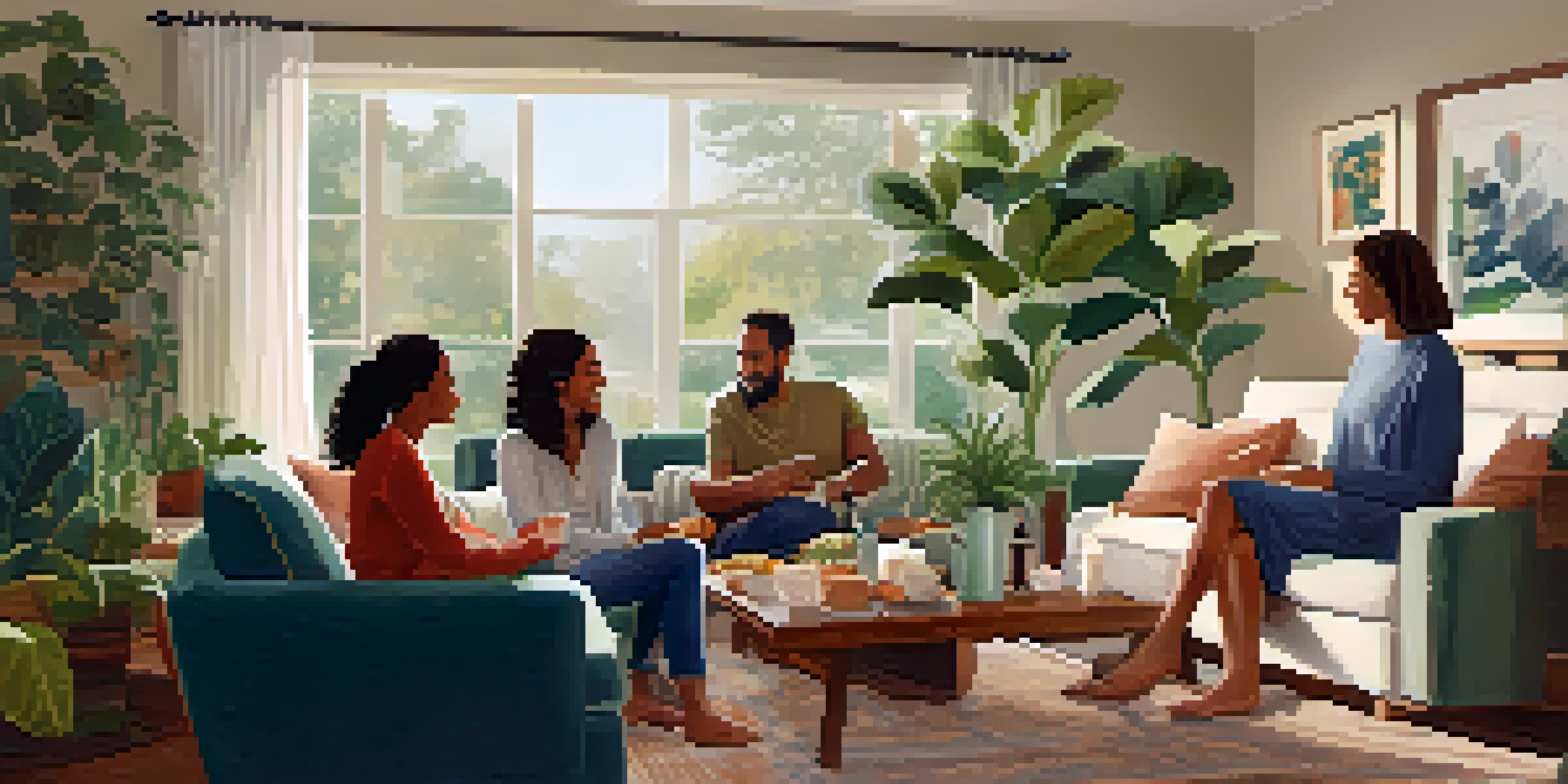 A family sitting together in a cozy living room, sharing a supportive conversation with healthy snacks on the table.