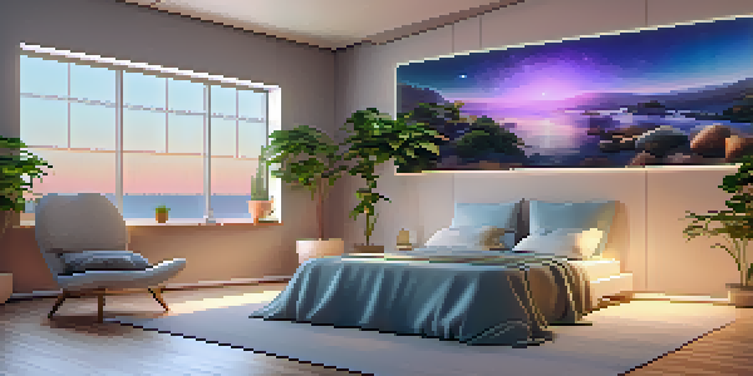 A cozy virtual reality therapy room with soft lighting, a chair, VR goggles, and a calming virtual landscape on a screen.