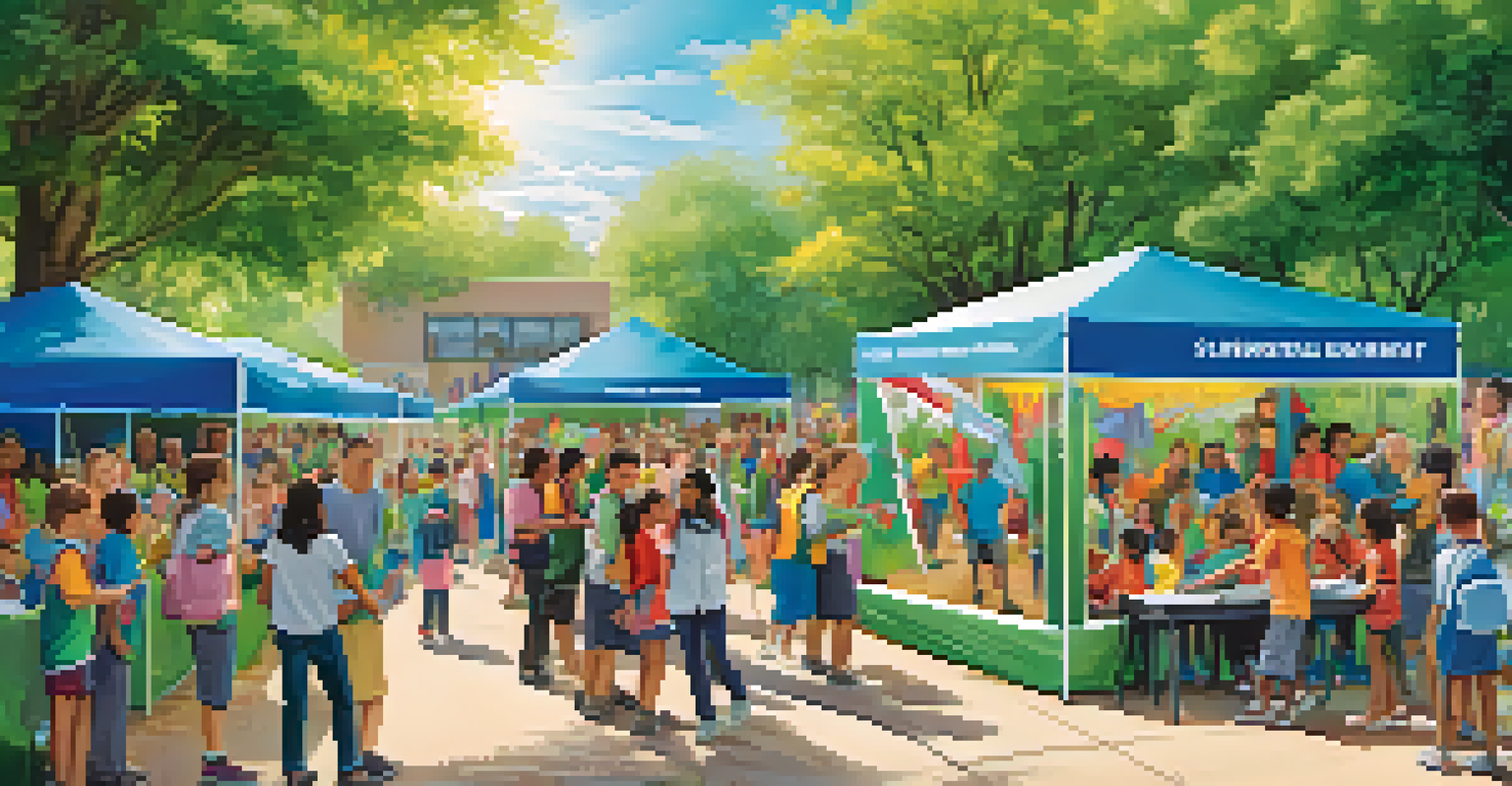 An outdoor school event with a booth on mental health awareness and substance abuse prevention, featuring colorful banners and families interacting with volunteers.