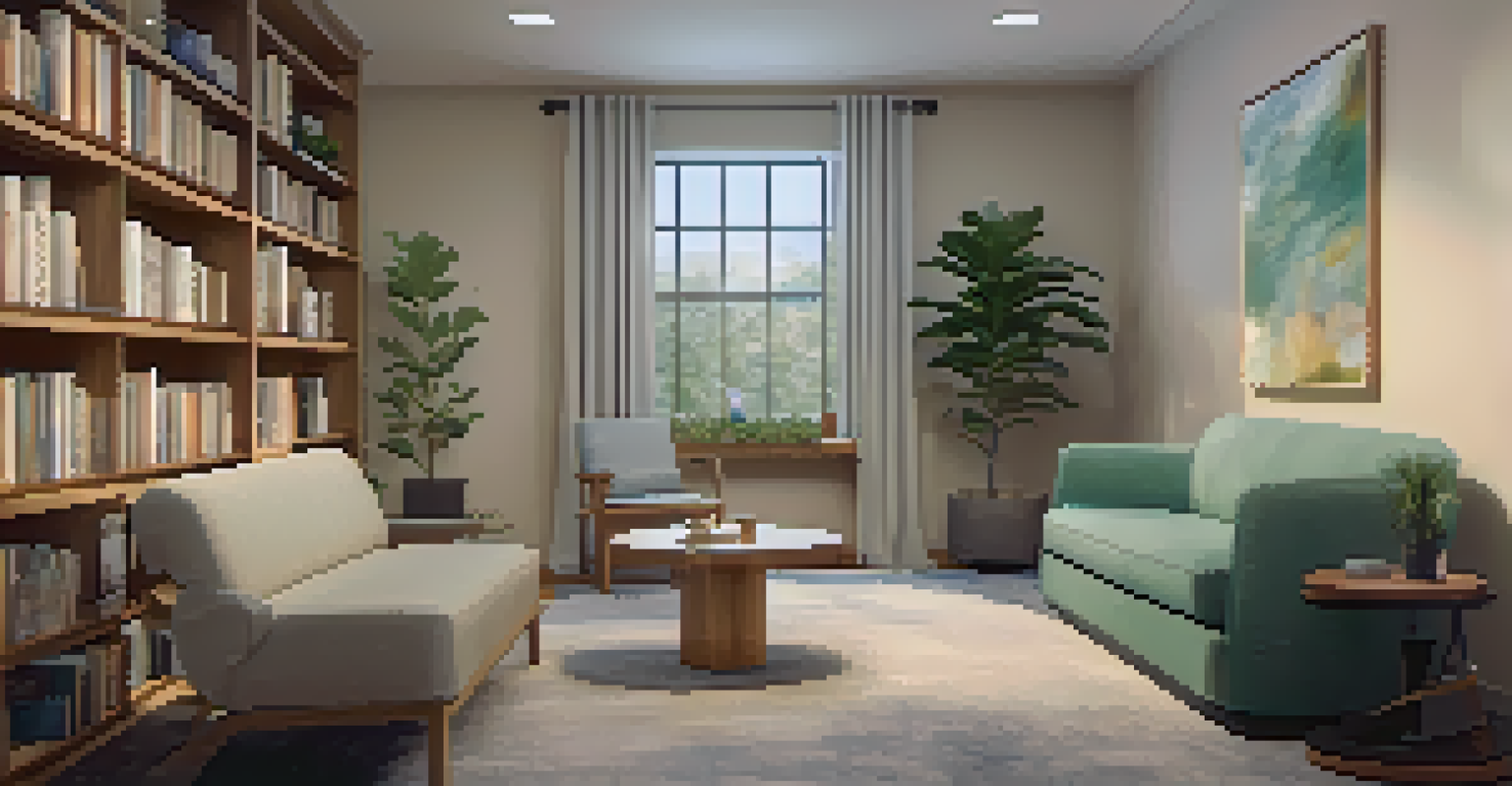 A serene therapy room with a therapist and client engaged in conversation, decorated with calming colors and soft lighting.