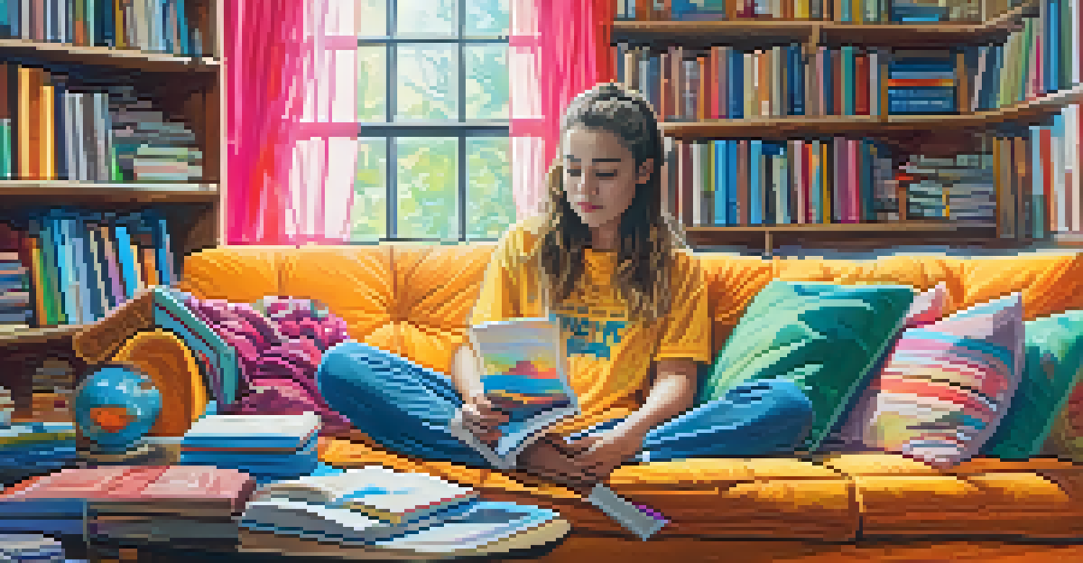 A teenager sitting on a couch, creating a colorful painting surrounded by art supplies and books in a cozy room.