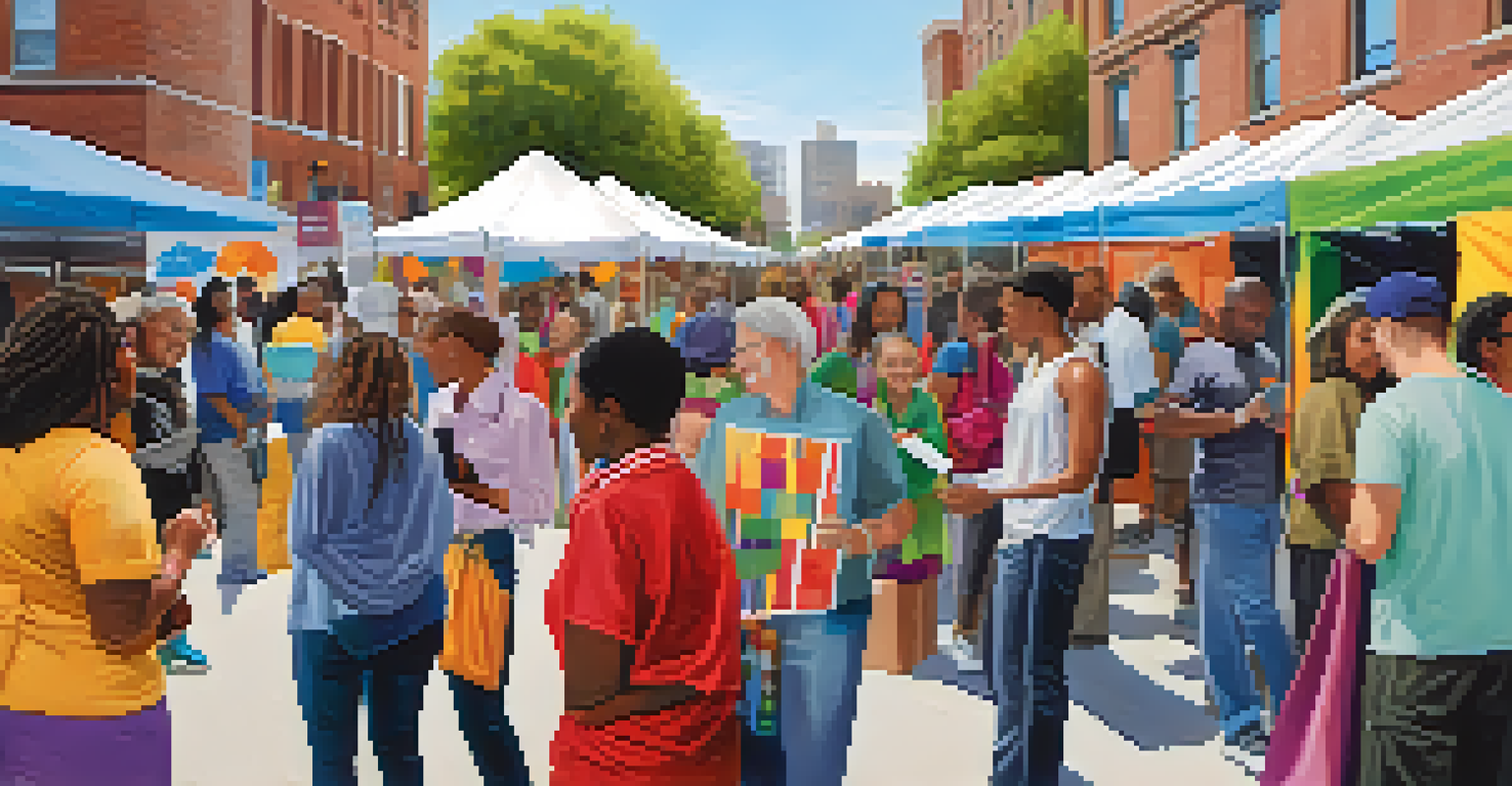 A community health fair with diverse individuals engaging around colorful stalls that provide information on mental health and substance use.
