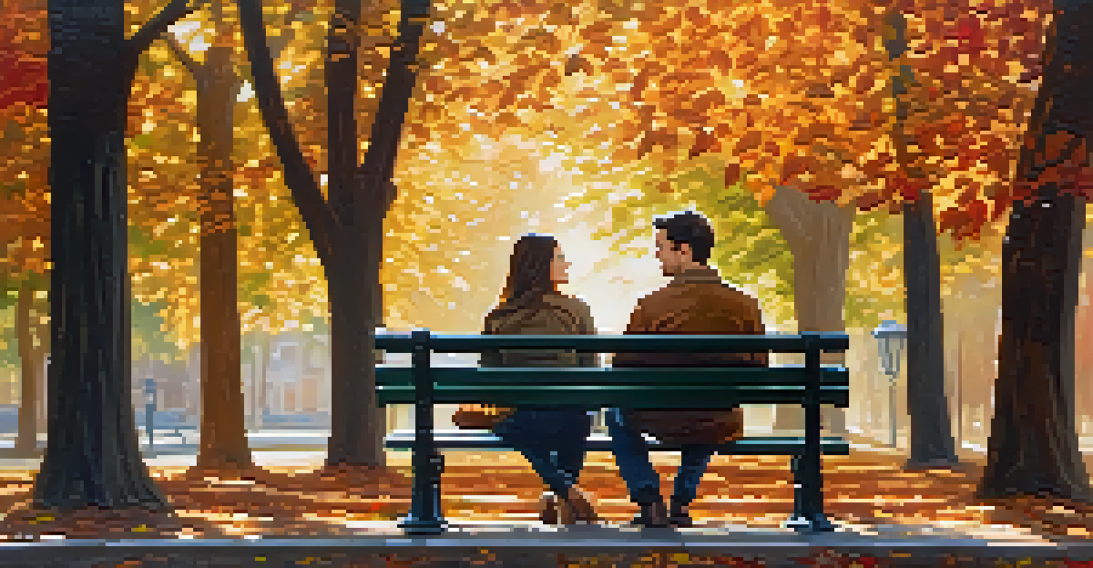 A couple sitting on a bench in a park, engaged in a thoughtful conversation surrounded by autumn leaves.