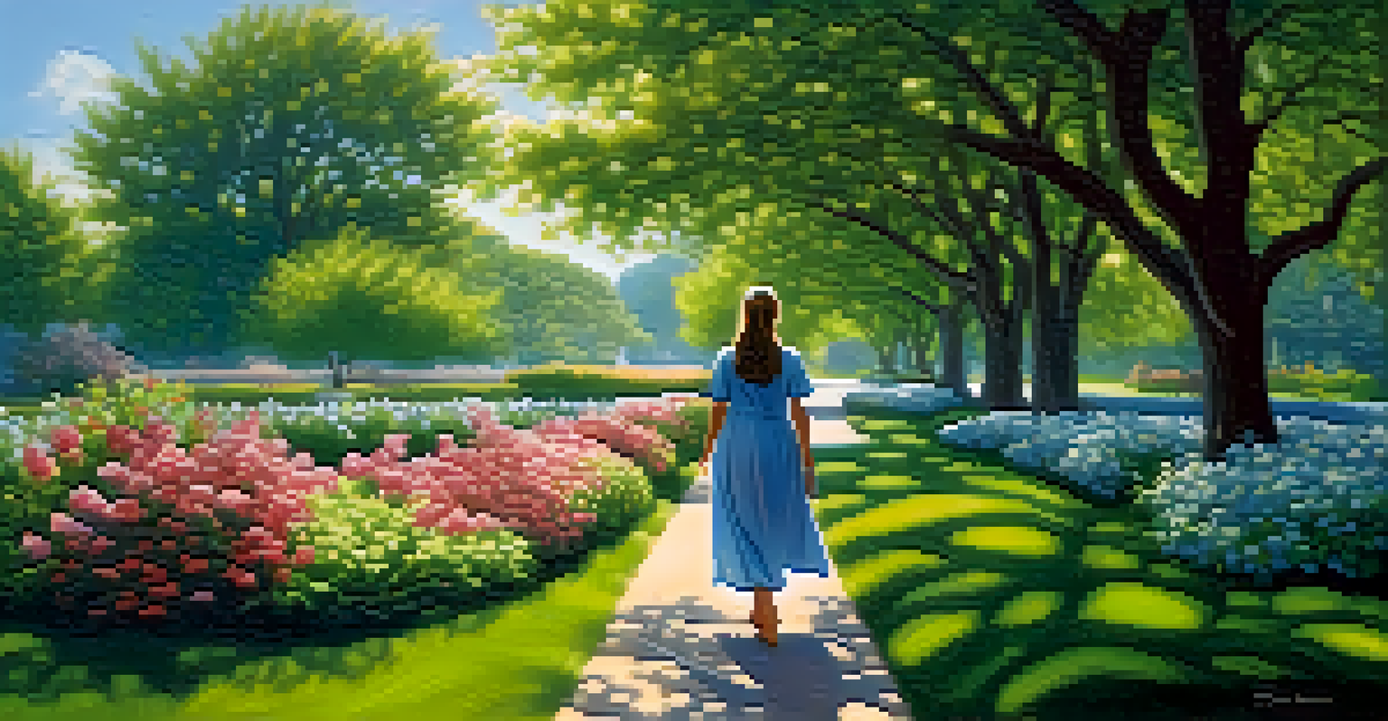 A woman walking through a serene park, symbolizing recovery and hope, surrounded by blooming flowers and greenery.