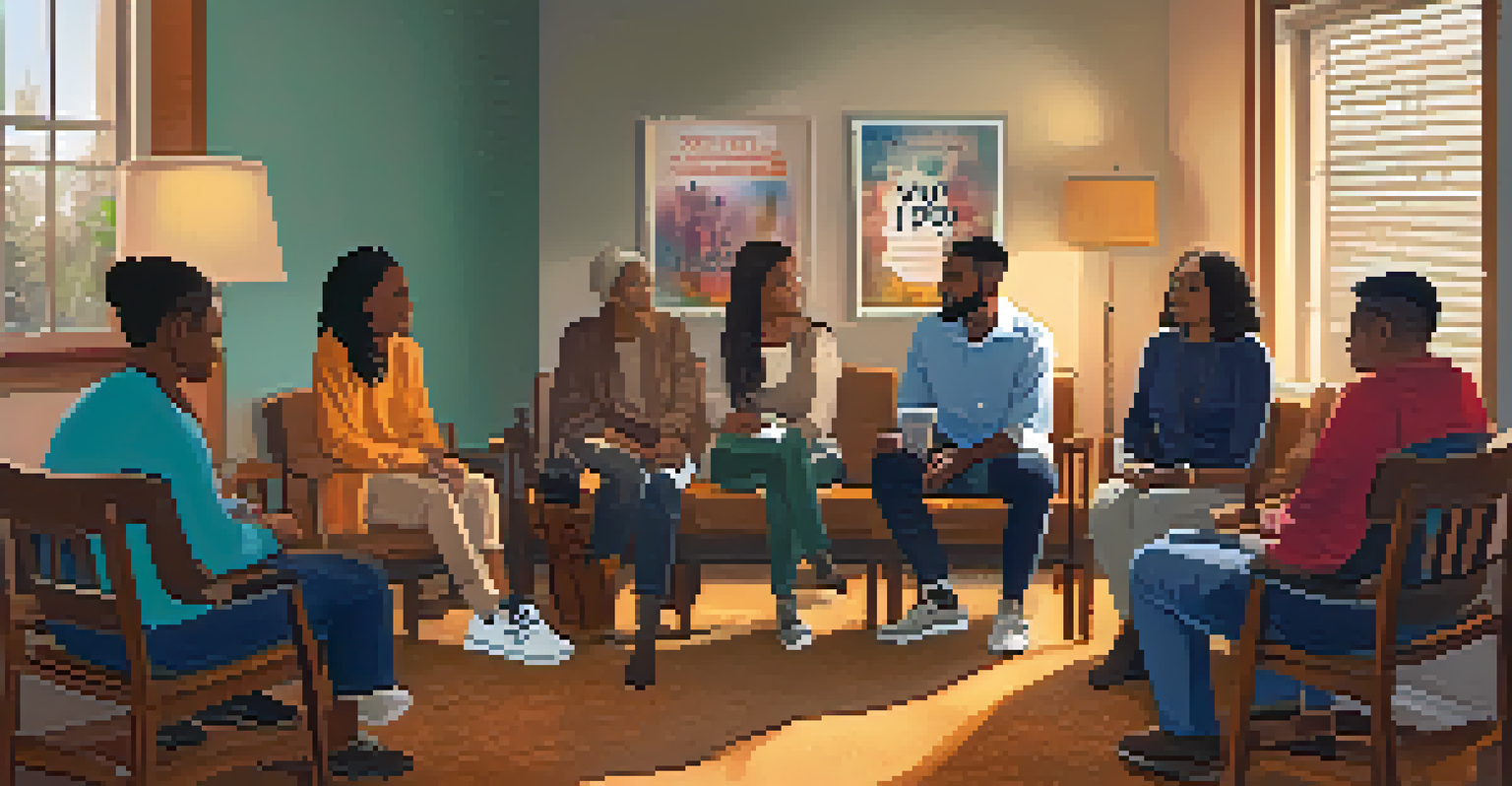 A cozy support group room with chairs in a circle, decorated with motivational posters and warm lighting, where diverse participants are engaged in discussion.