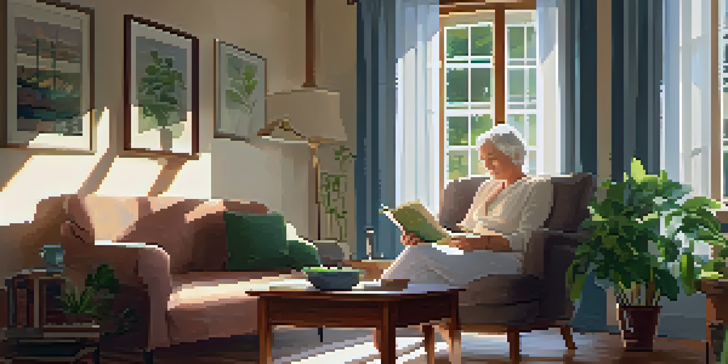 An older adult reading a book in a cozy living room filled with warm sunlight and plants.