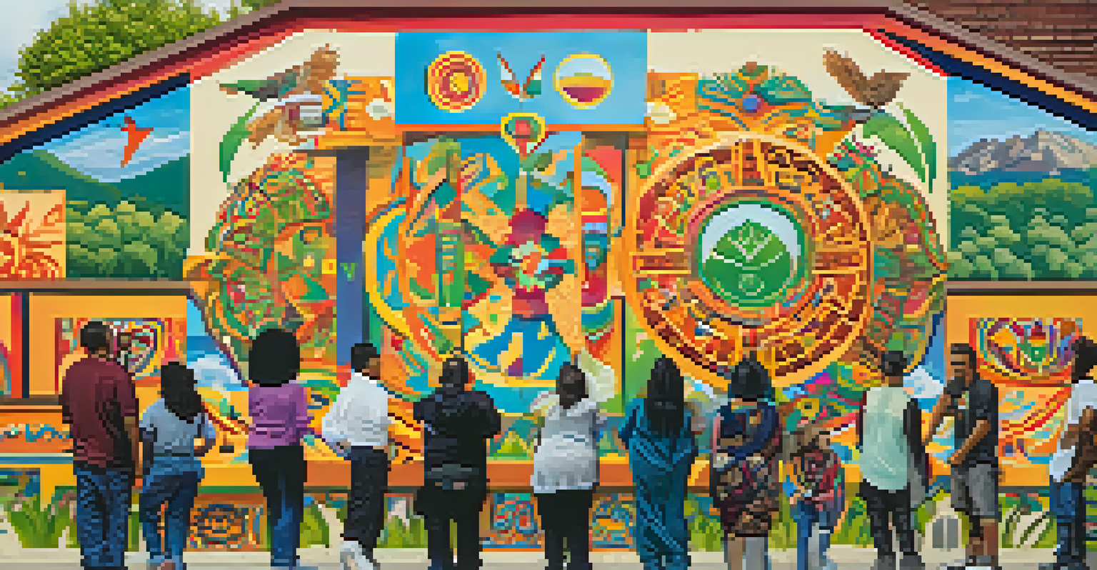 A colorful mural on a community center wall illustrating cultural symbols of recovery, with people admiring it in a green environment.
