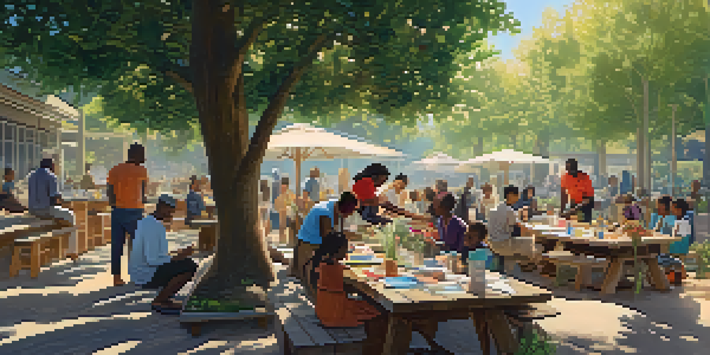 A diverse group of people collaborating in a community workshop under a tree, with educational materials and tools on the table.