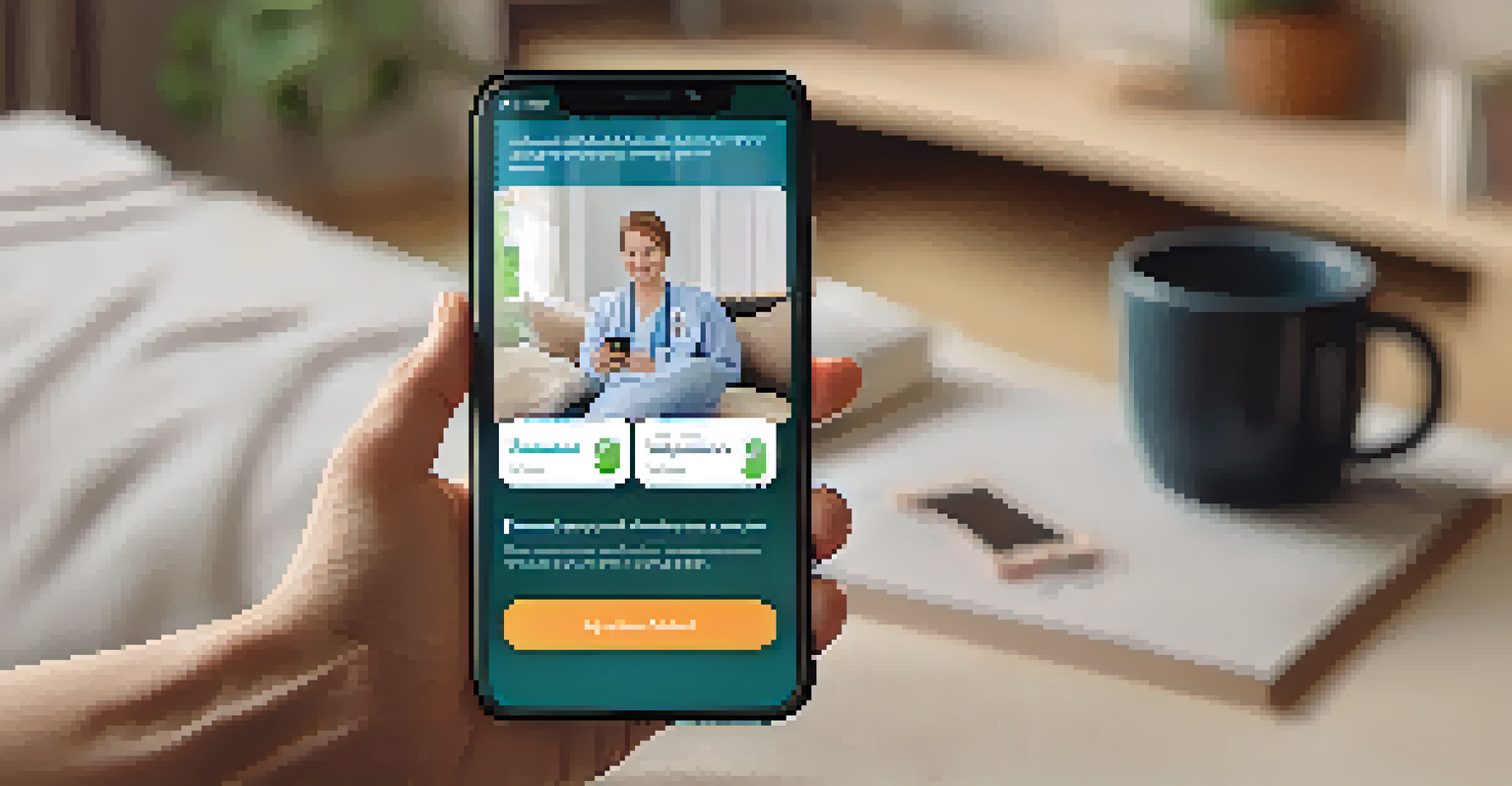 A hand holding a smartphone showing a telemedicine app for addiction therapy in a cozy living room.